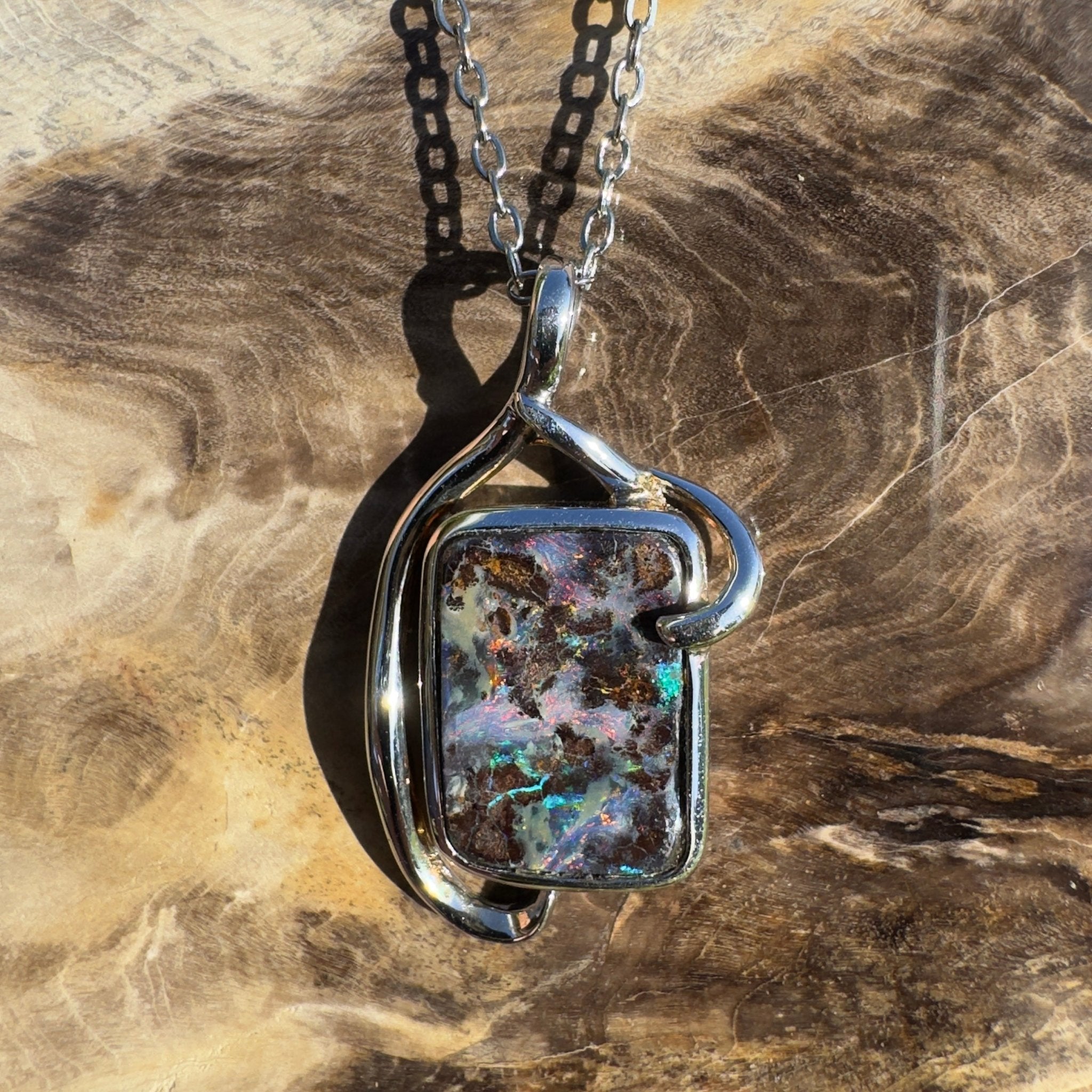 Queensland Night Current ~ Queensland Boulder Opal 925 Sterling Silver Pendant Necklace
