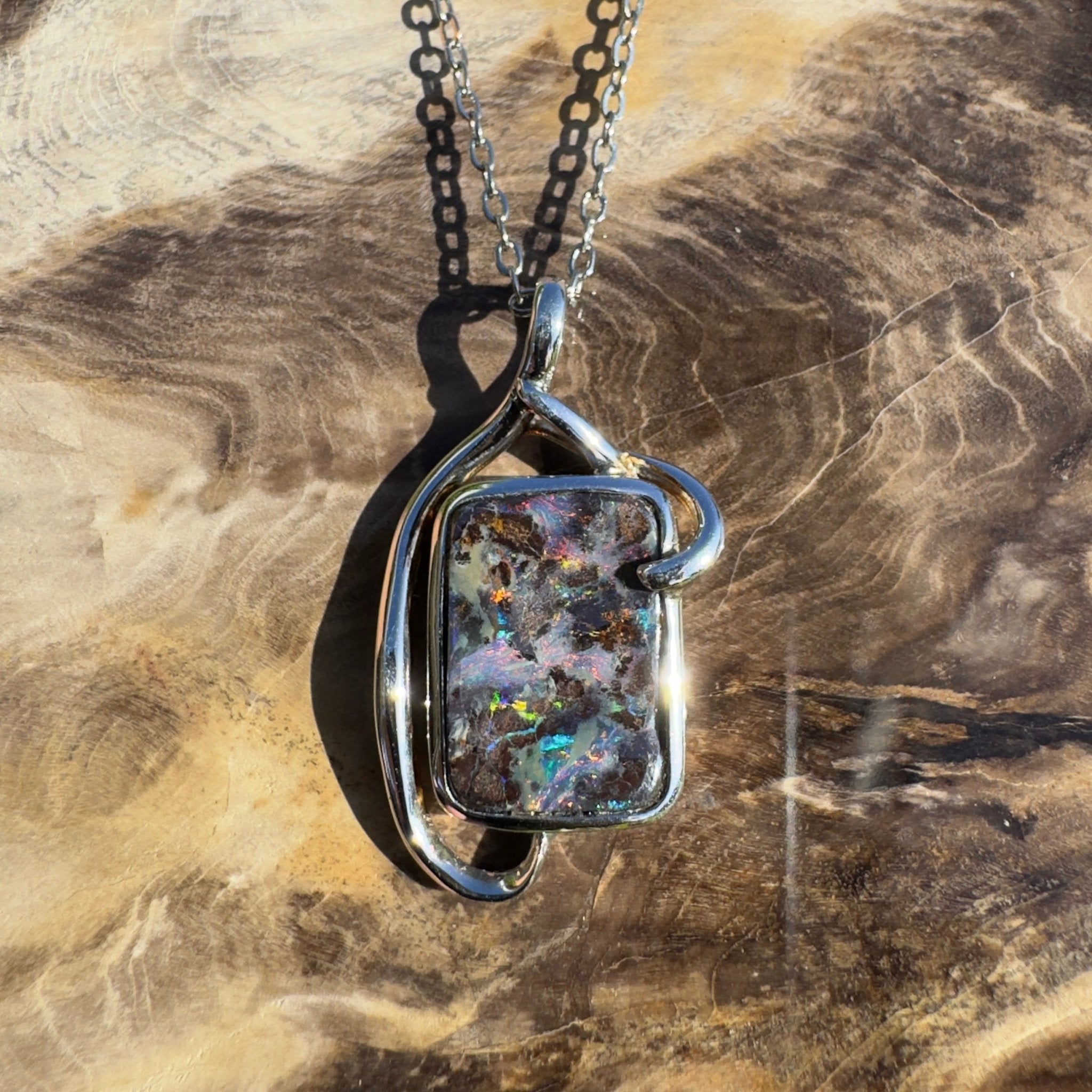 Queensland Night Current ~ Queensland Boulder Opal 925 Sterling Silver Pendant Necklace