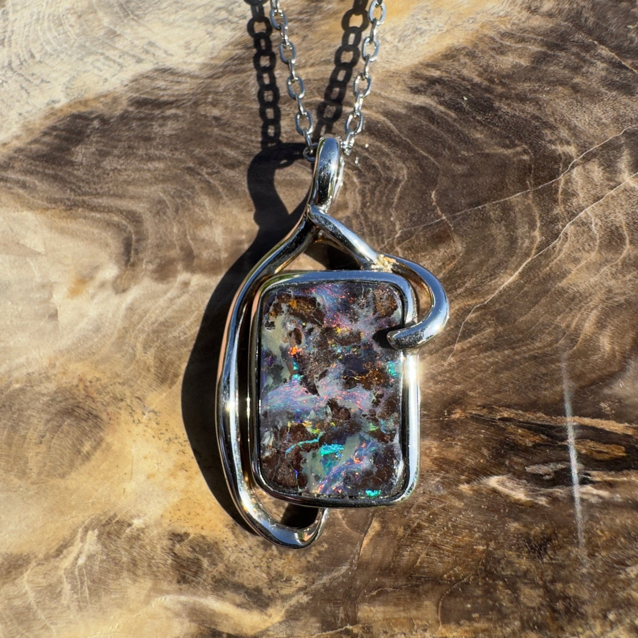 Queensland Night Current ~ Queensland Boulder Opal 925 Sterling Silver Pendant Necklace