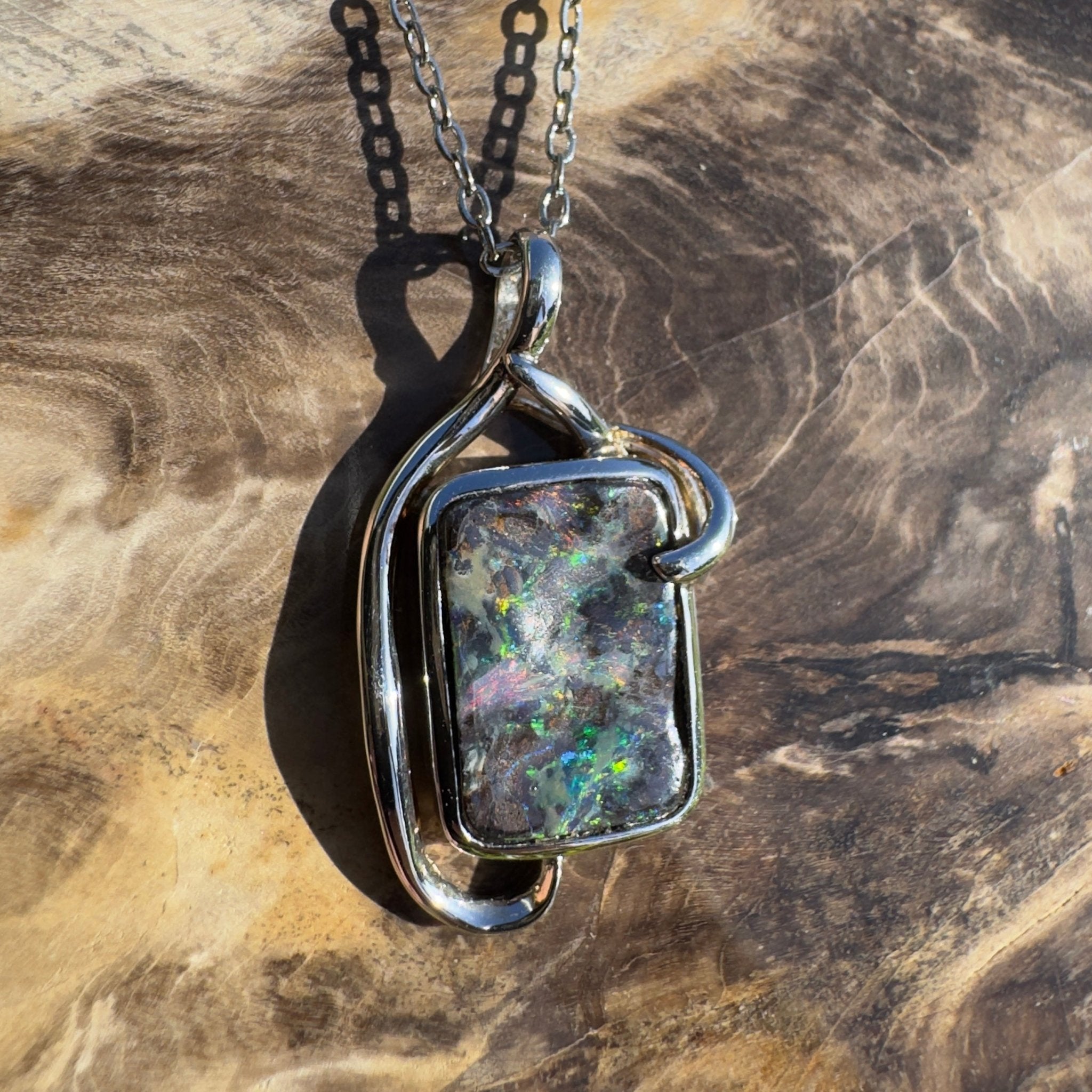 Queensland Night Current ~ Queensland Boulder Opal 925 Sterling Silver Pendant Necklace
