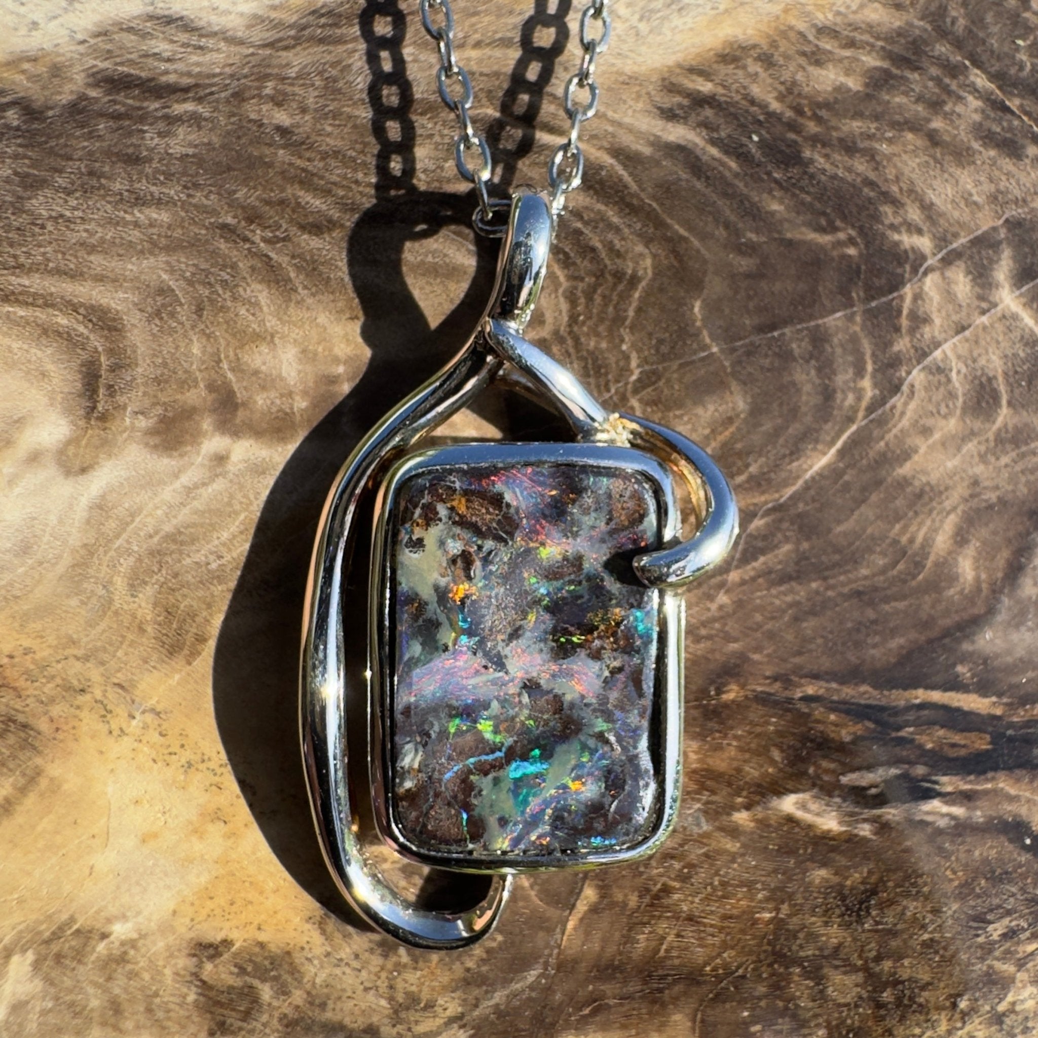 Queensland Night Current ~ Queensland Boulder Opal 925 Sterling Silver Pendant Necklace
