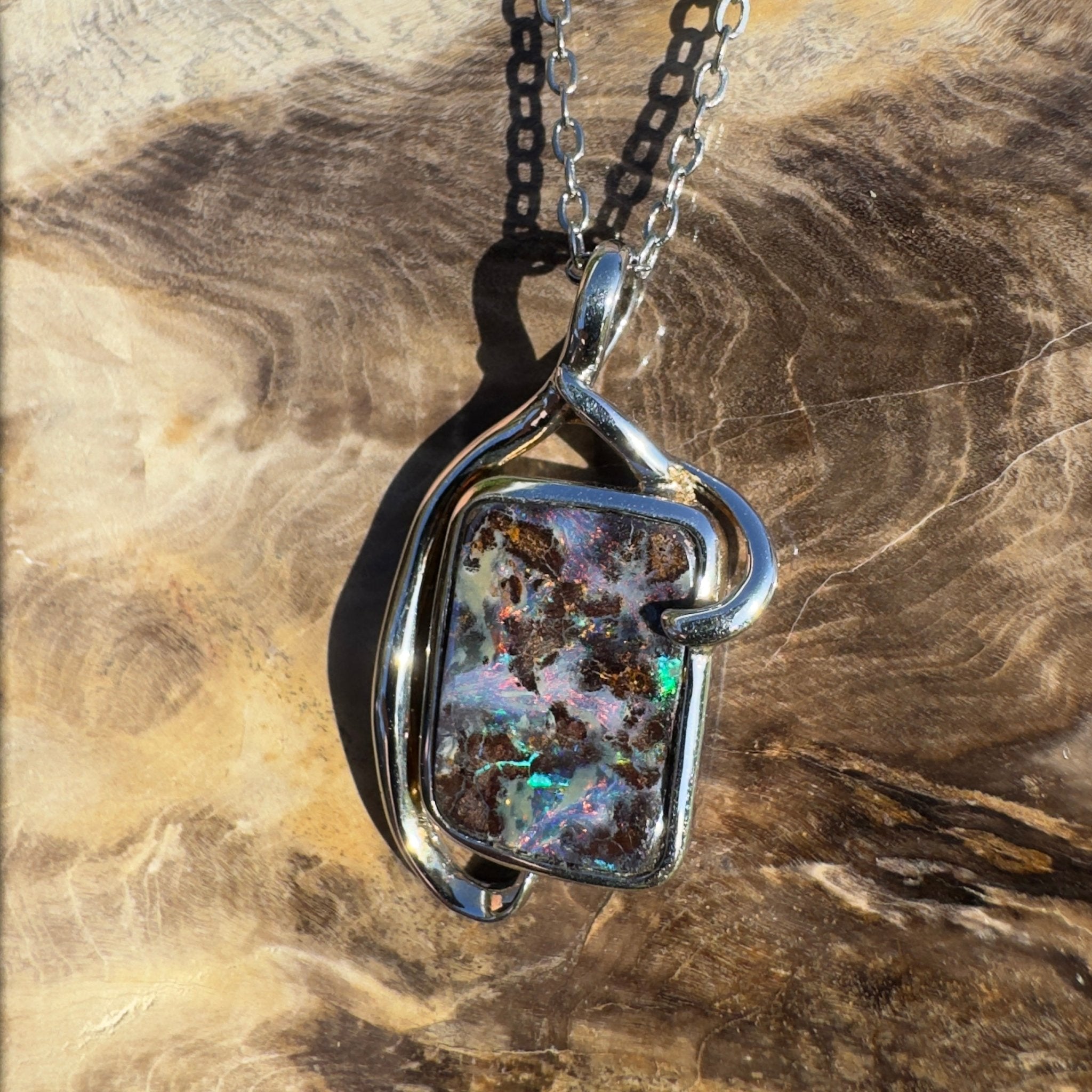 Queensland Night Current ~ Queensland Boulder Opal 925 Sterling Silver Pendant Necklace