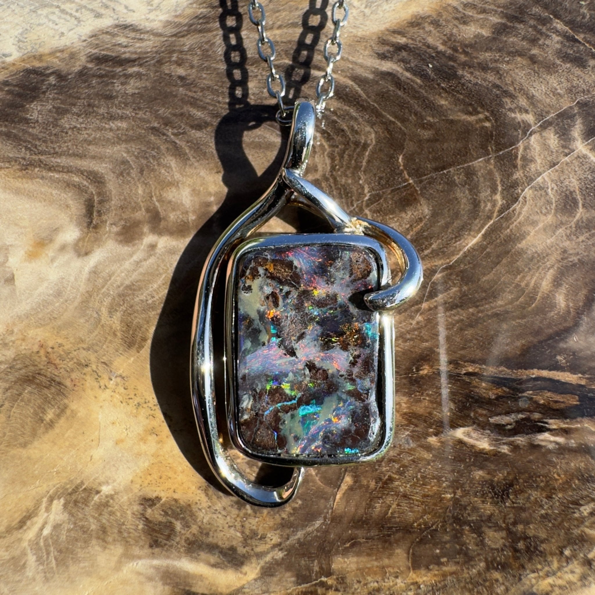 Queensland Night Current ~ Queensland Boulder Opal 925 Sterling Silver Pendant Necklace