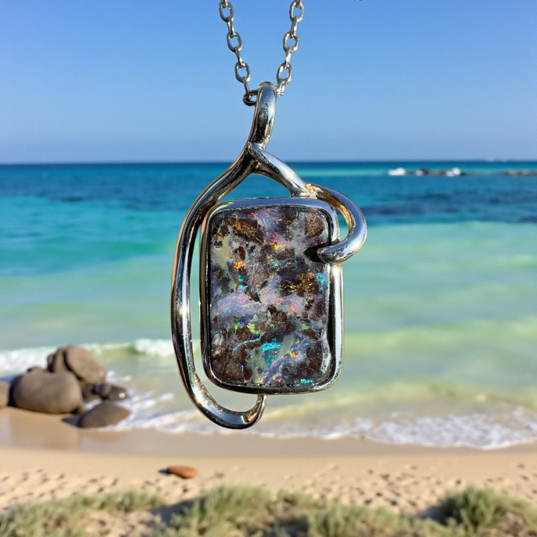 Queensland Night Current ~ Queensland Boulder Opal 925 Sterling Silver Pendant Necklace
