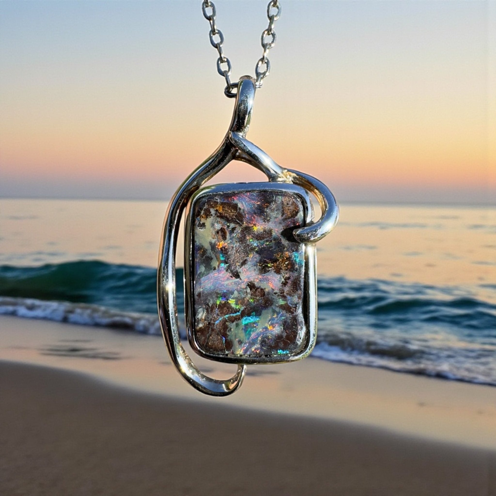 Queensland Night Current ~ Queensland Boulder Opal 925 Sterling Silver Pendant Necklace