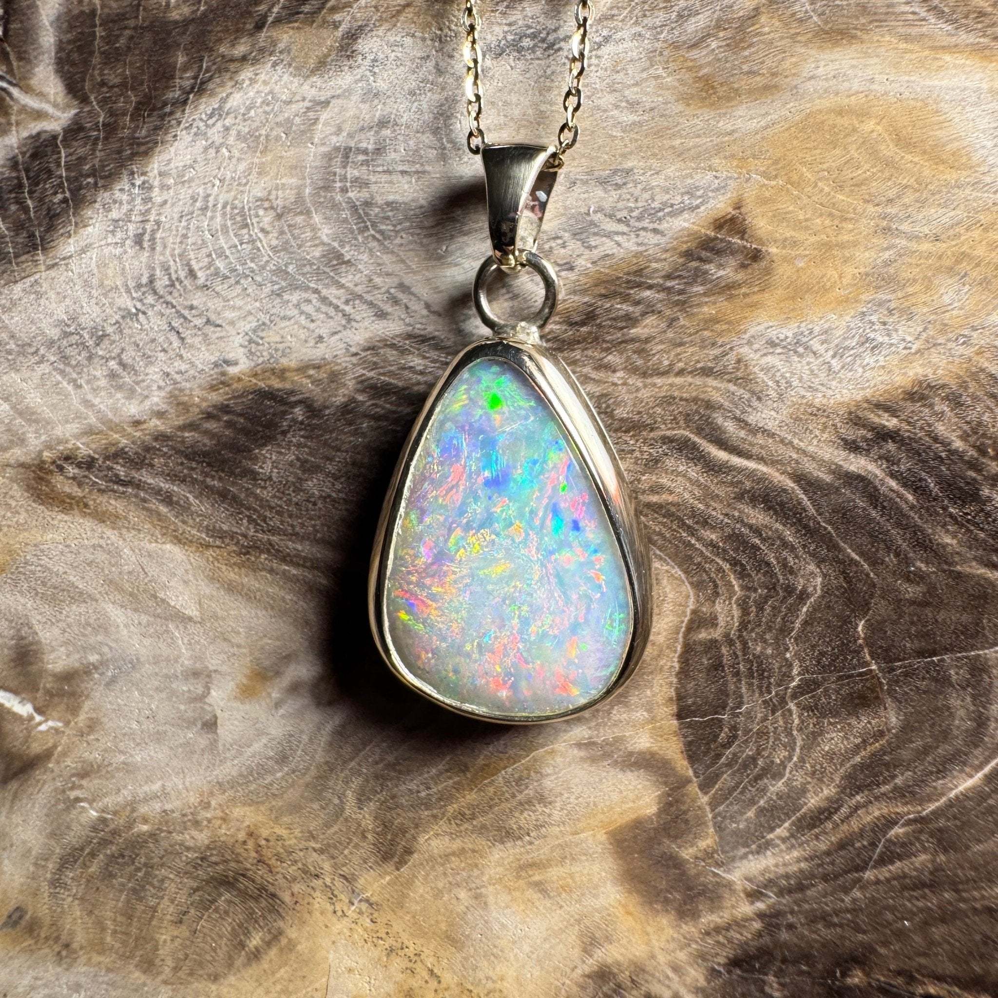 Rainbow Range ~ 5.7ct Solid Coober Pedy Opal 9ct Australian Gold Pendant