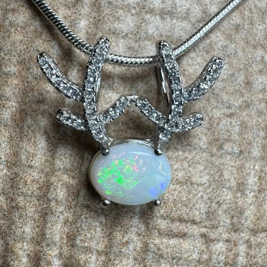 'Rainbow Reindeer' ~ Handcrafted 1ct Solid Coober Pedy Opal and Cubic Zirconia 925 Sterling Silver Reindeer Pendant Necklace