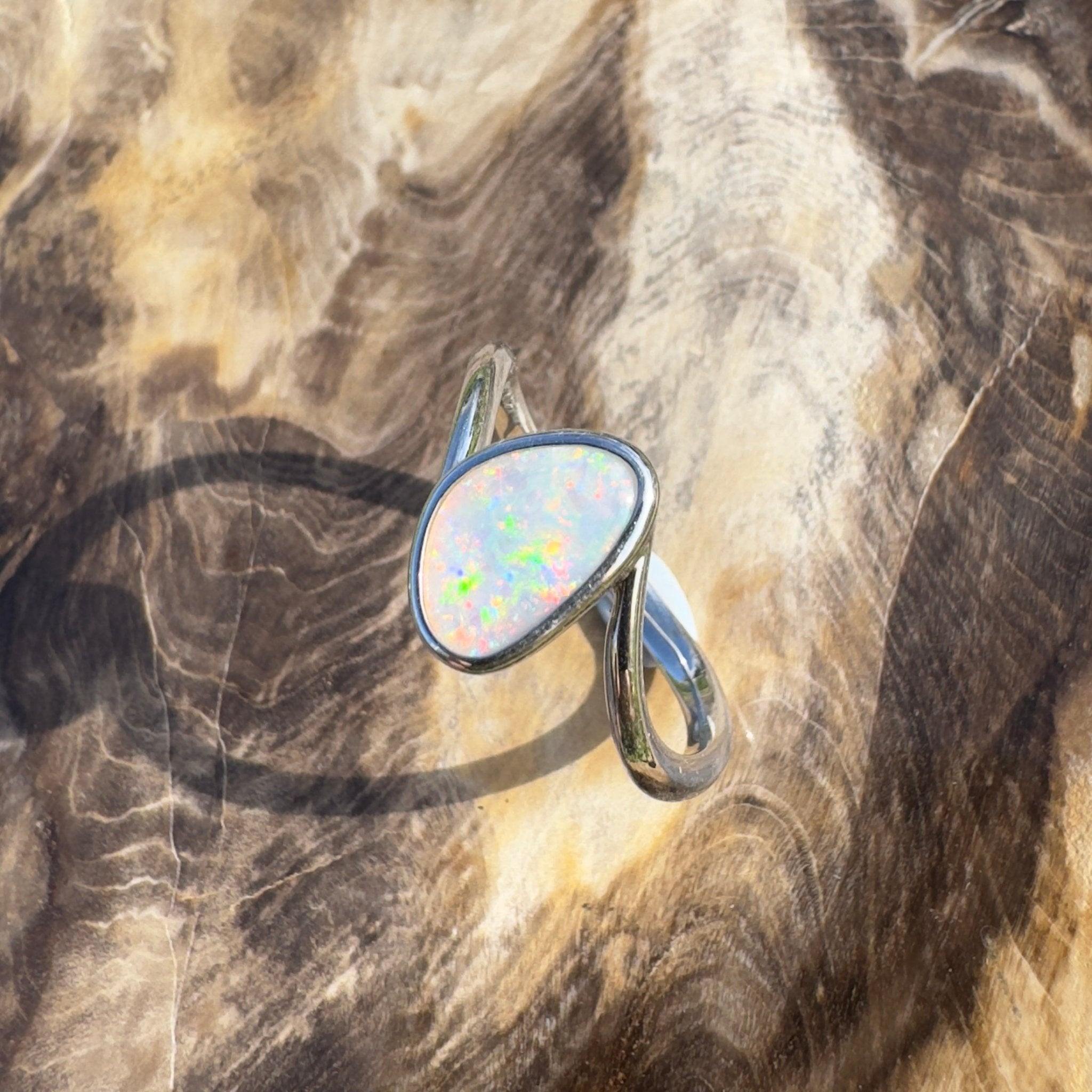 Rainbow Springs ~ 0.6ct Solid Coober Pedy Crystal Opal 925 Sterling Silver Ring