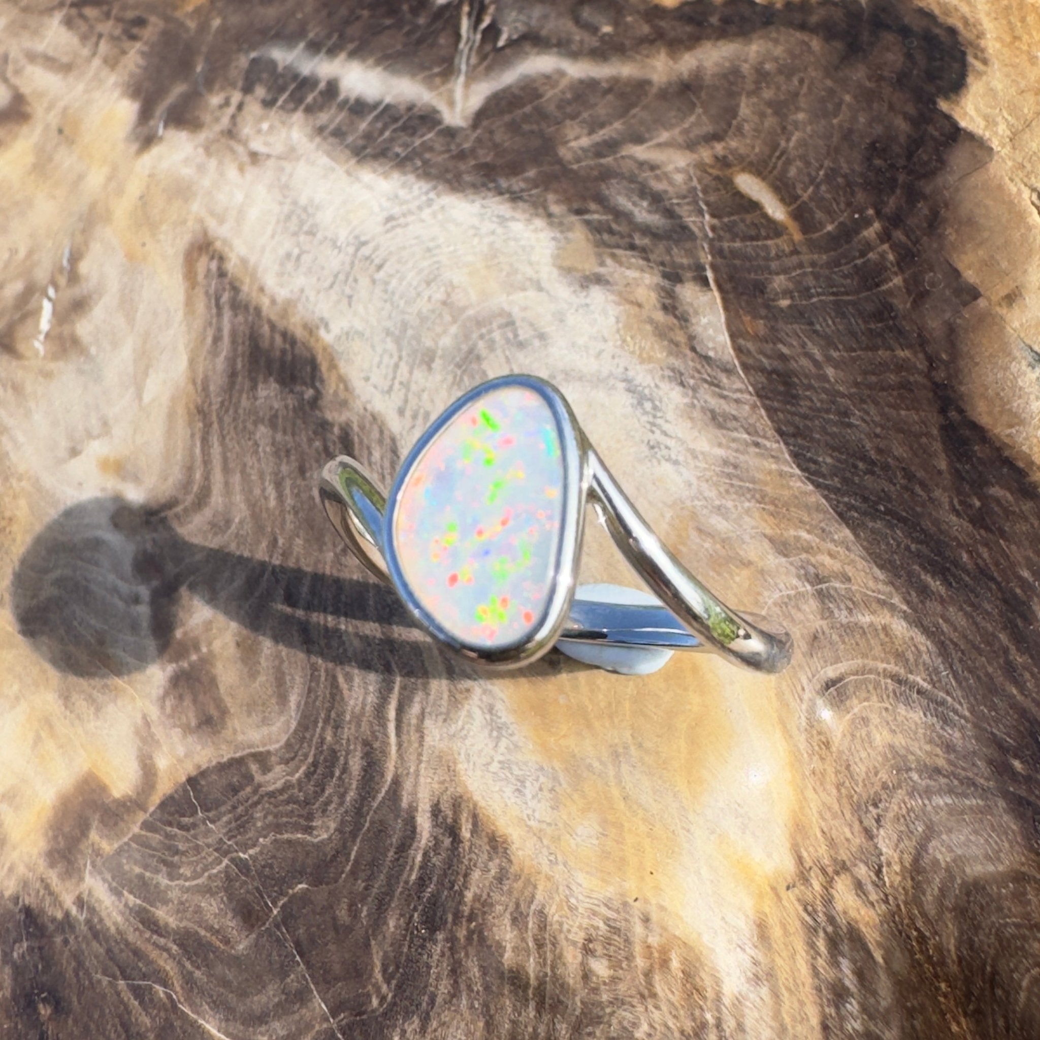 Rainbow Springs ~ 0.6ct Solid Coober Pedy Crystal Opal 925 Sterling Silver Ring