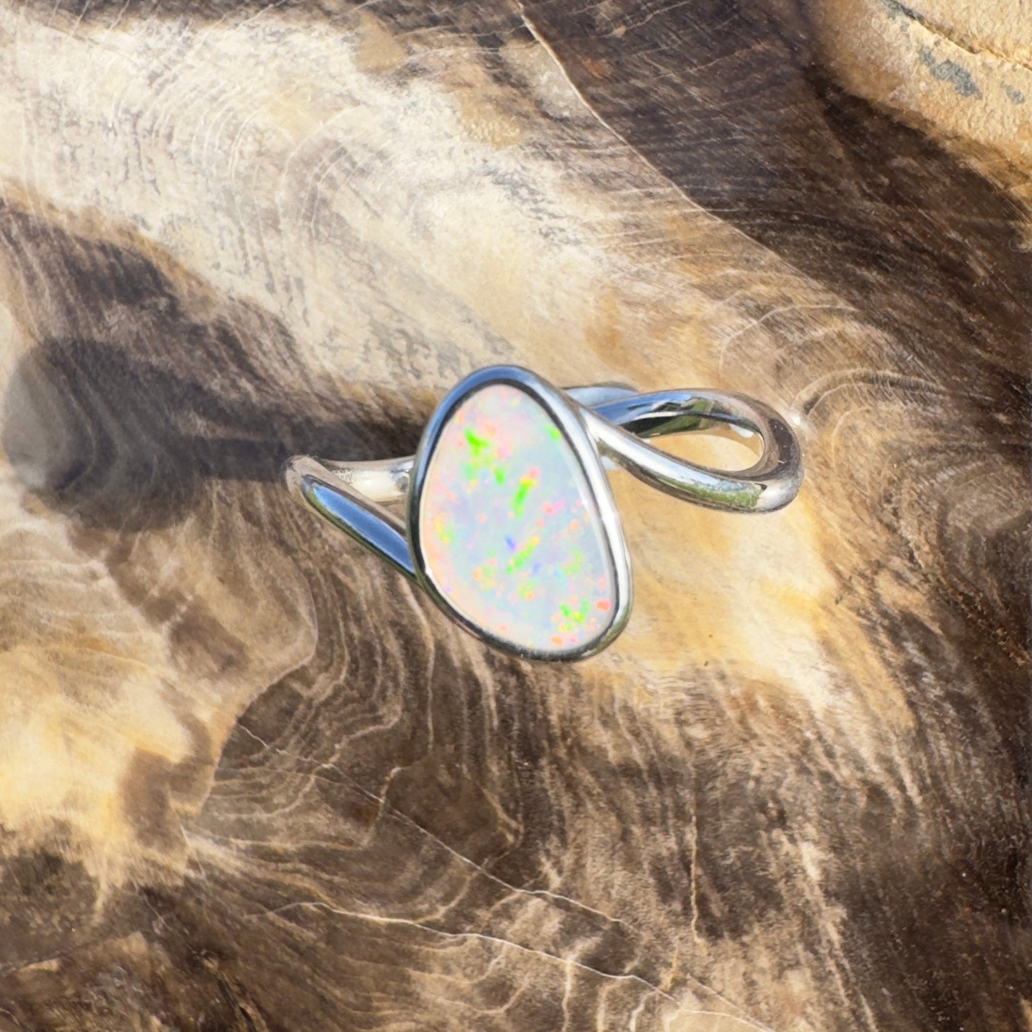 Rainbow Springs ~ 0.6ct Solid Coober Pedy Crystal Opal 925 Sterling Silver Ring