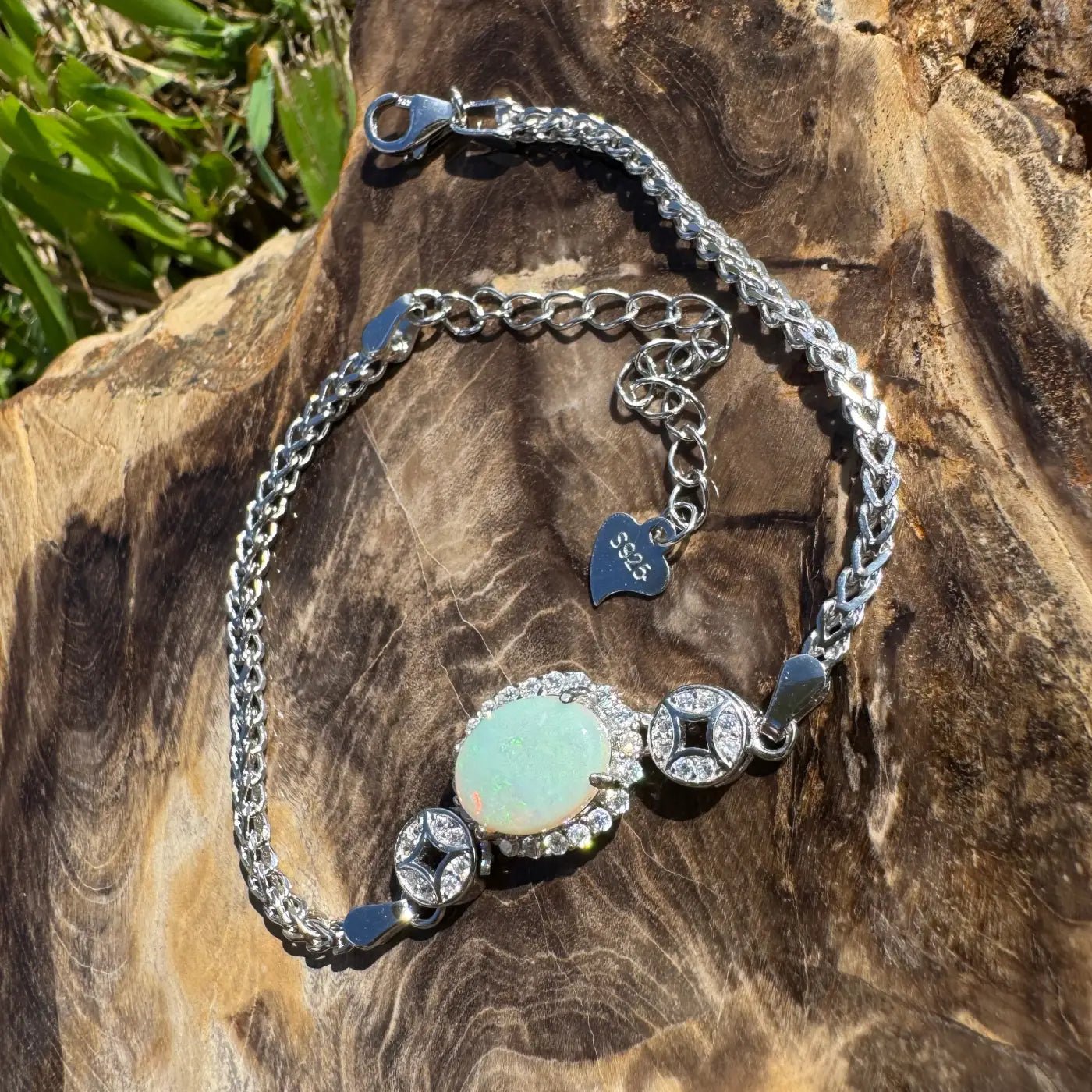 ‘Rainforest Light' ~ Handcrafted 1.1ct Coober Pedy Opal and Cubic Zirconia 925 Sterling Silver Bracelet
