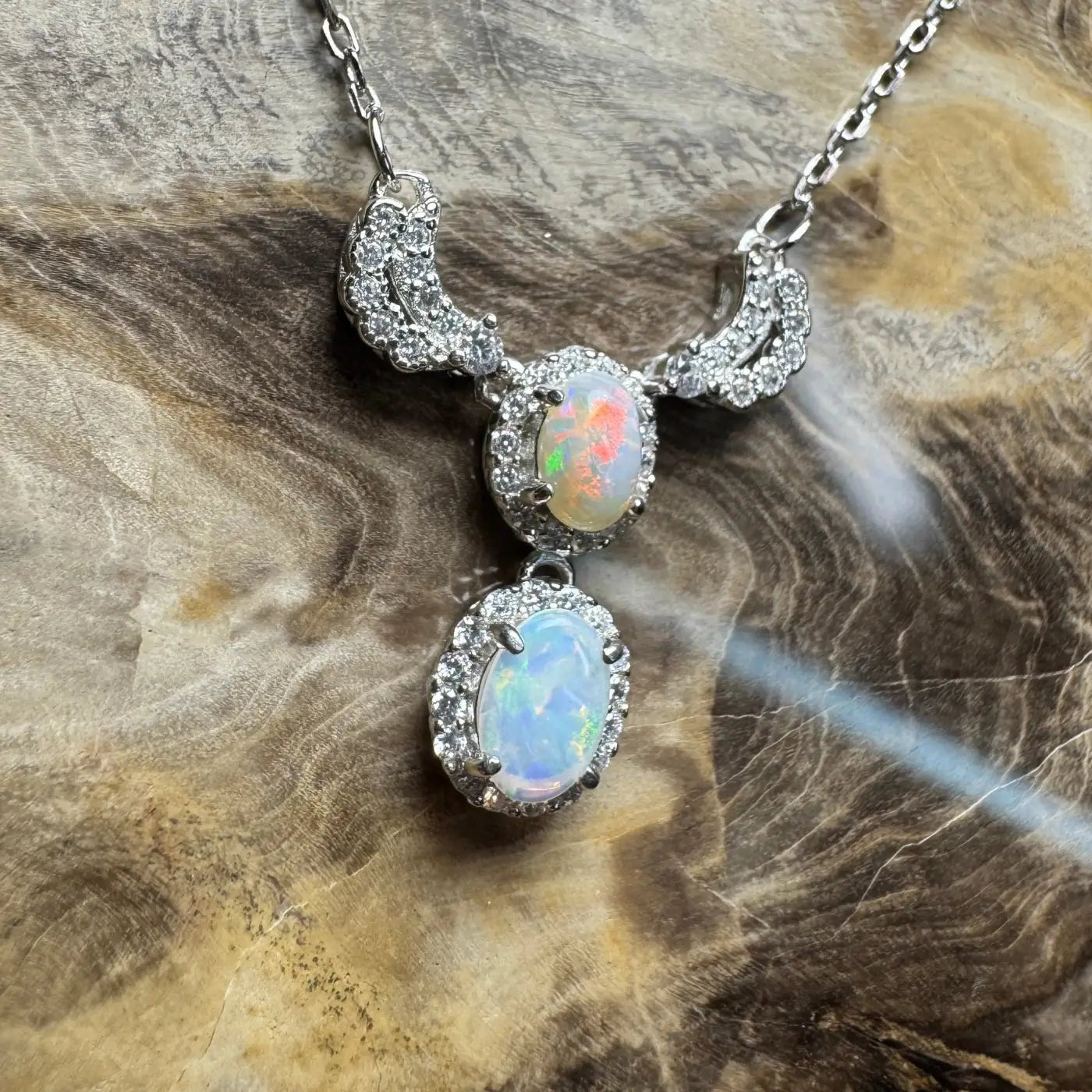 ‘Red Centre Radiance' ~ Handcrafted 0.9ct Solid Coober Pedy Opal and Cubic Zirconia 925 Sterling Silver Necklace