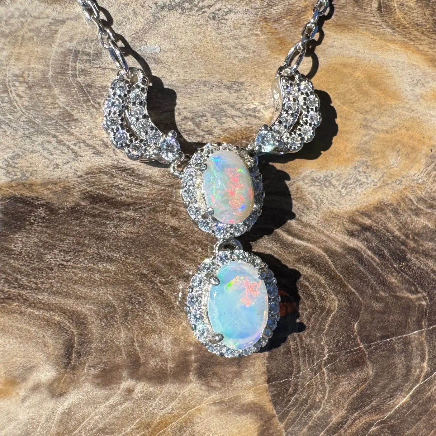 ‘Red Centre Radiance' ~ Handcrafted 0.9ct Solid Coober Pedy Opal and Cubic Zirconia 925 Sterling Silver Necklace