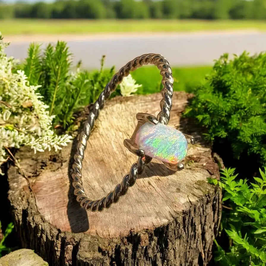 Silver twisted bangle with opal from Red Centre Sunsets handcrafted ring