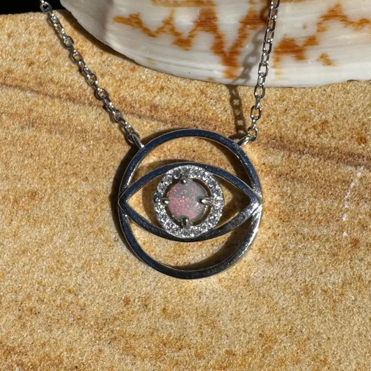 Silver eye pendant necklace featuring a Lightning Ridge opal in a 925 sterling silver setting