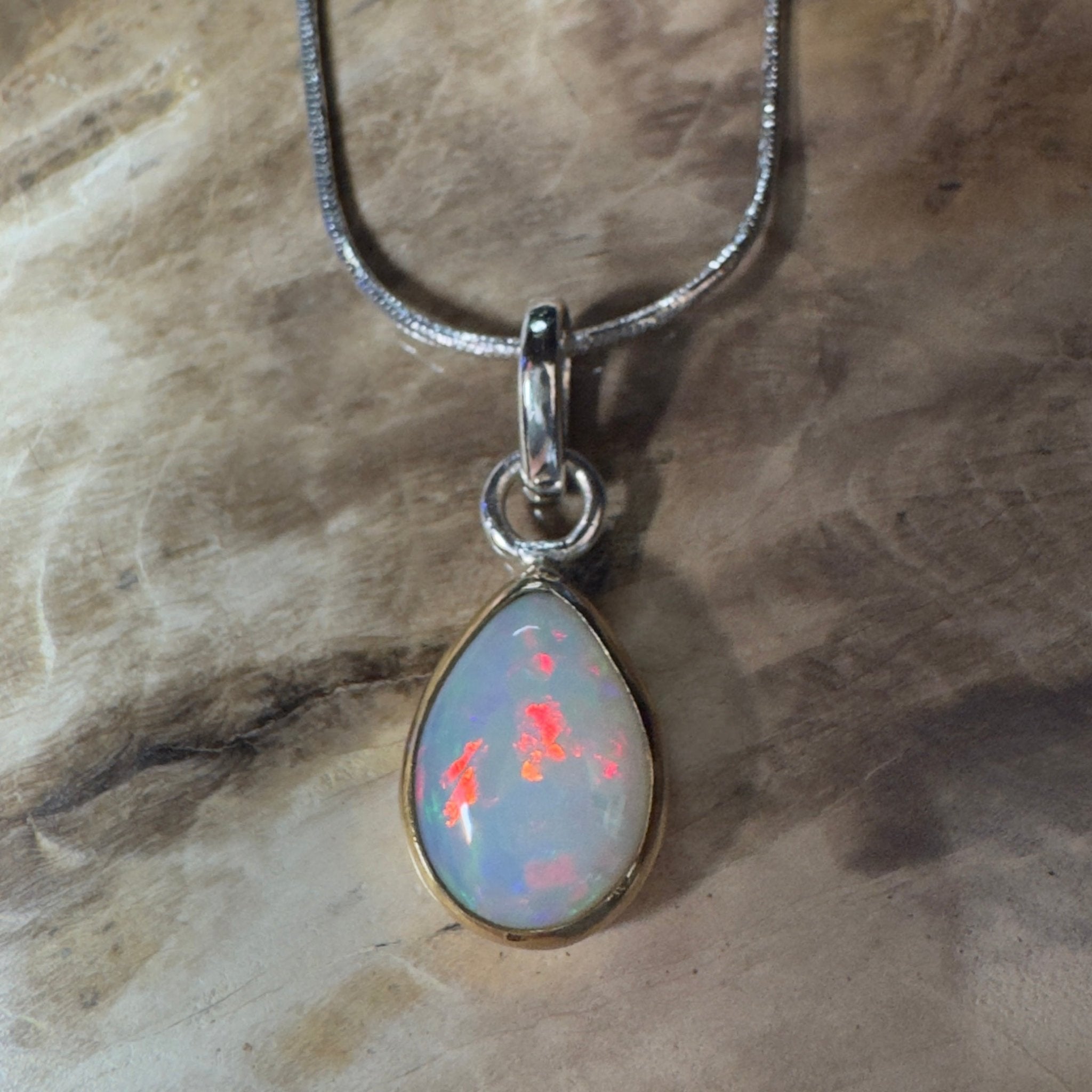Red Ridge White ~ 2.7ct Solid Lightning Ridge White Opal Two - tone 9ct Gold and 925 Sterling Silver Pendant Necklace