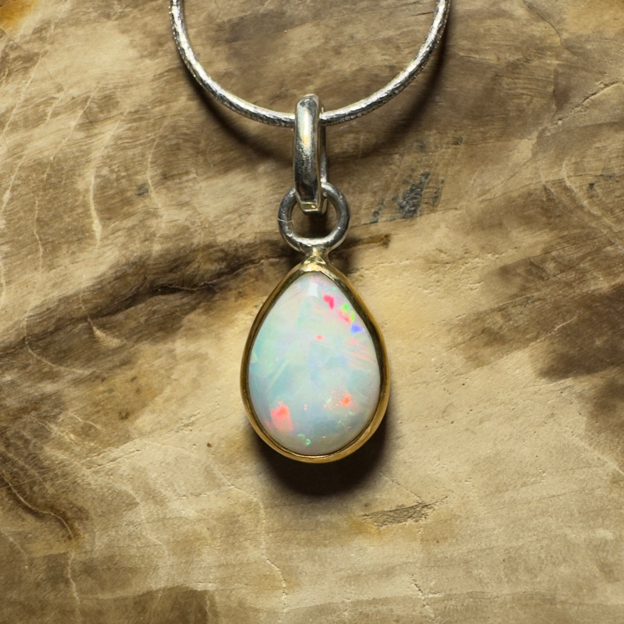 Red Ridge White ~ 2.7ct Solid Lightning Ridge White Opal Two - tone 9ct Gold and 925 Sterling Silver Pendant Necklace