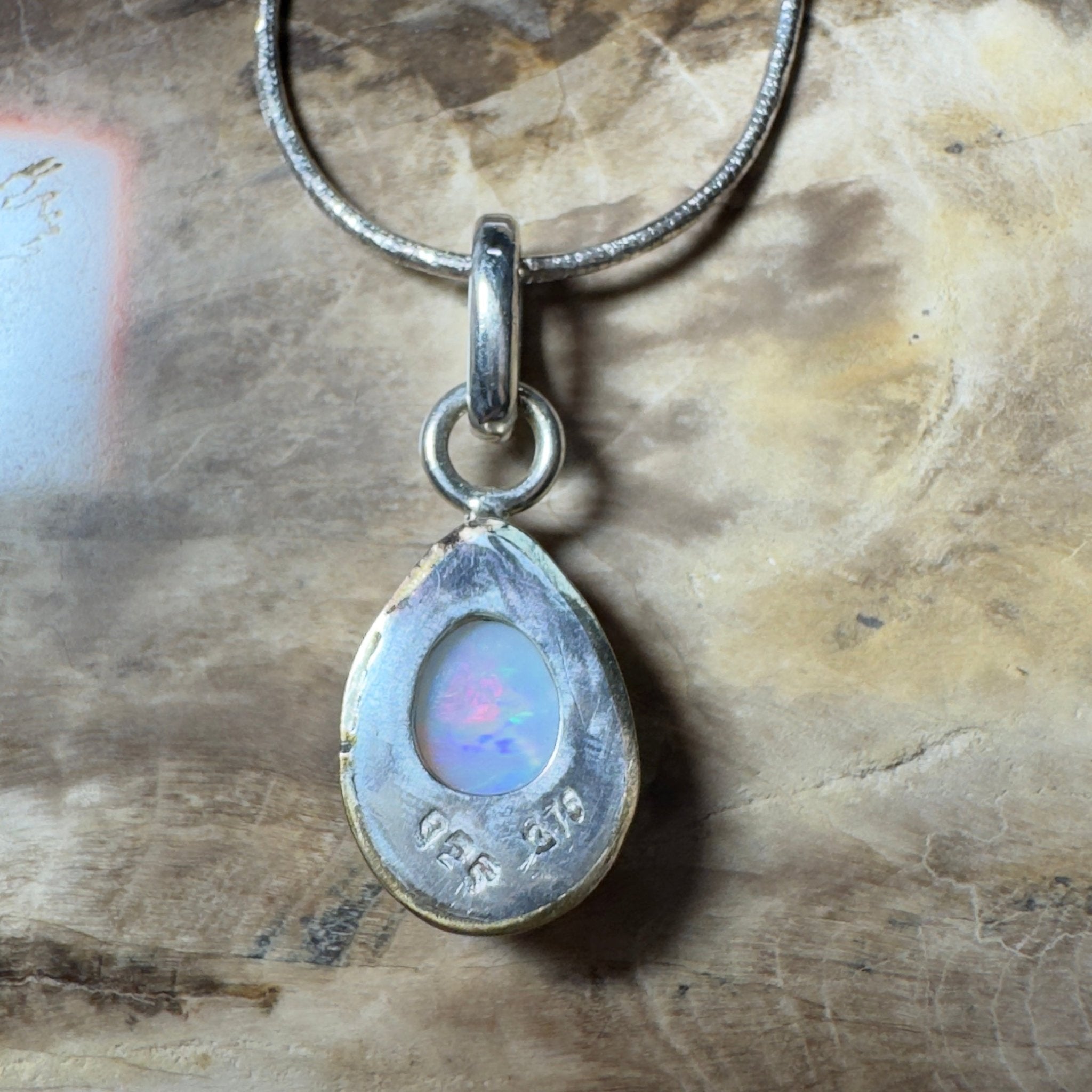 Red Ridge White ~ 2.7ct Solid Lightning Ridge White Opal Two - tone 9ct Gold and 925 Sterling Silver Pendant Necklace