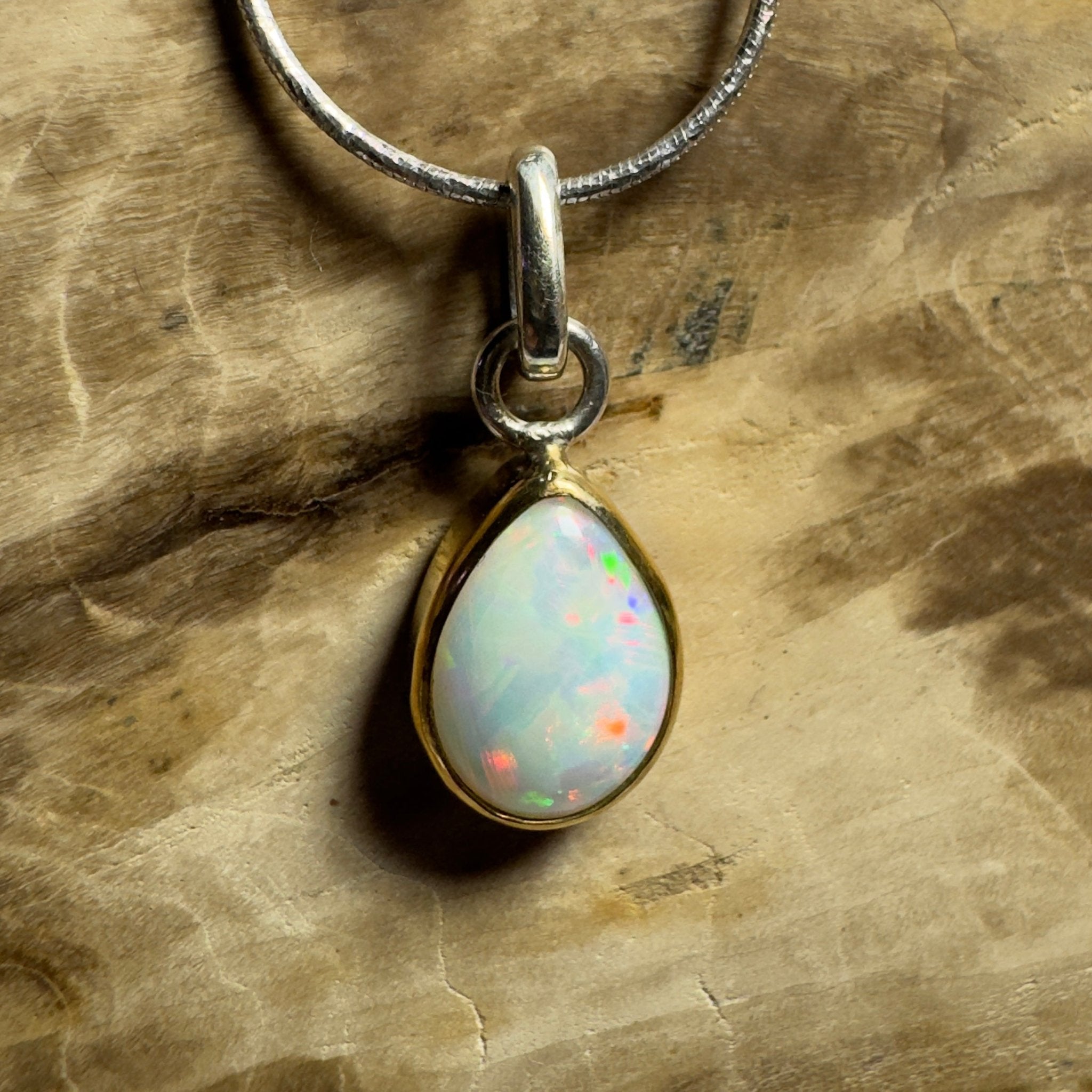 Red Ridge White ~ 2.7ct Solid Lightning Ridge White Opal Two - tone 9ct Gold and 925 Sterling Silver Pendant Necklace