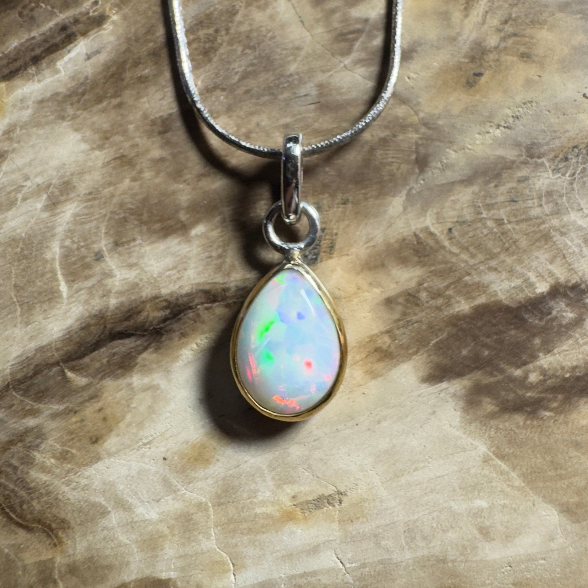 Red Ridge White ~ 2.7ct Solid Lightning Ridge White Opal Two - tone 9ct Gold and 925 Sterling Silver Pendant Necklace