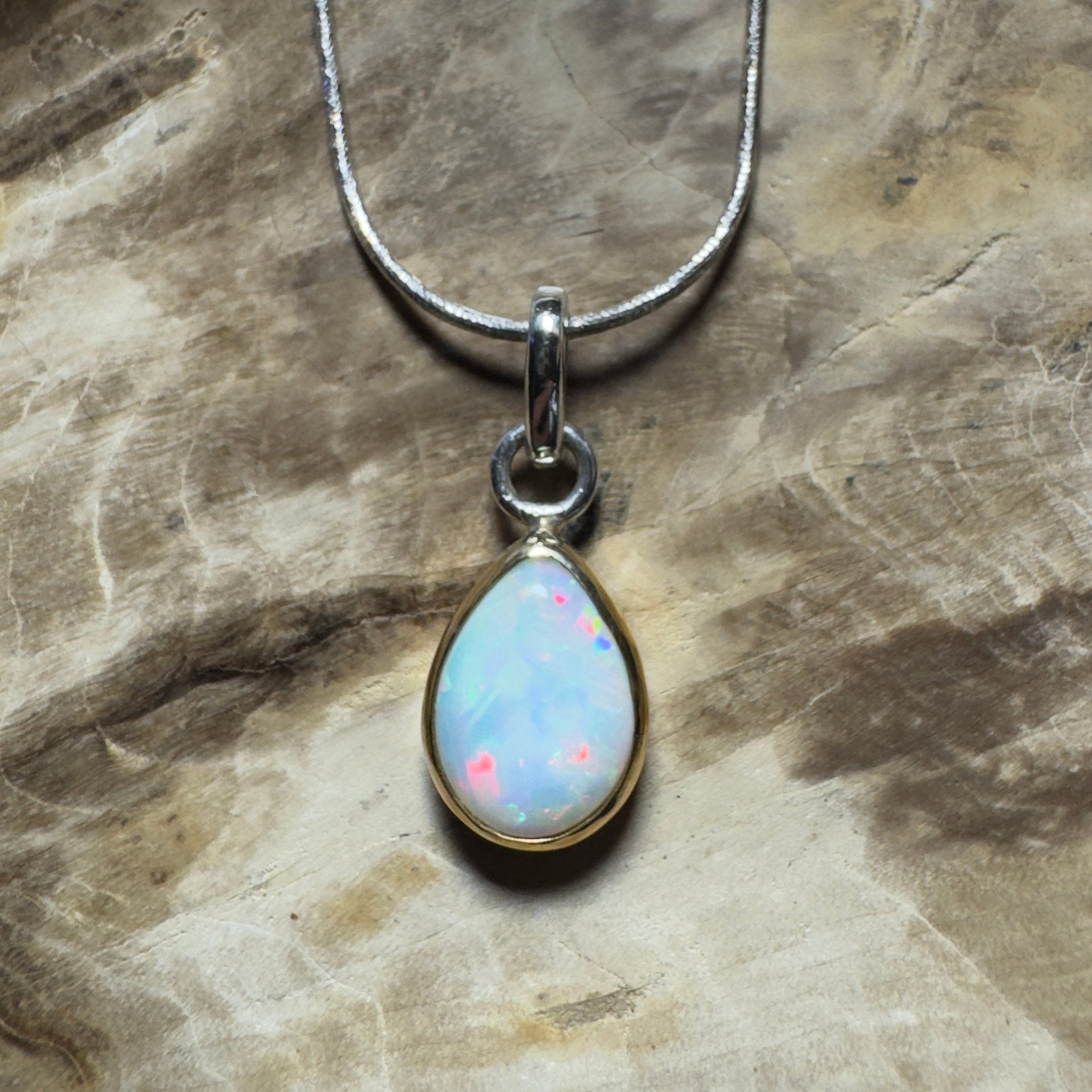 Red Ridge White ~ 2.7ct Solid Lightning Ridge White Opal Two - tone 9ct Gold and 925 Sterling Silver Pendant Necklace