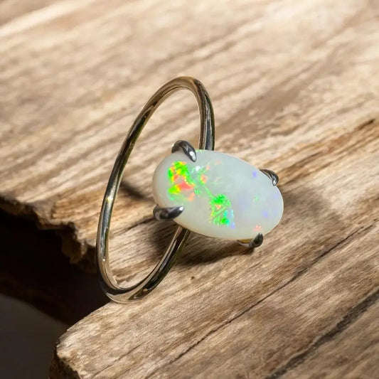 Handcrafted Coober Pedy Opal gemstone ring in 9ct yellow gold showcasing vibrant colors