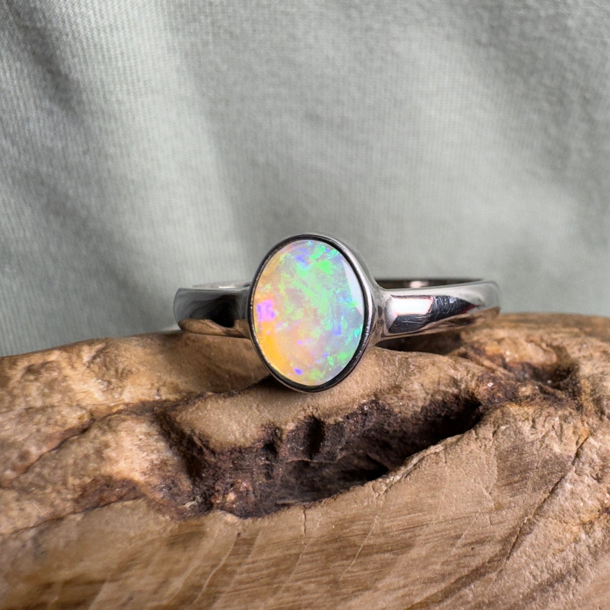 Rottnest Channel Tidal Waters – Solid Lightning Ridge Crystal Opal 925 Sterling Silver Ring