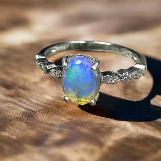 Opal gemstone ring with diamond accents from Sapphire Waters handcrafted sterling silver
