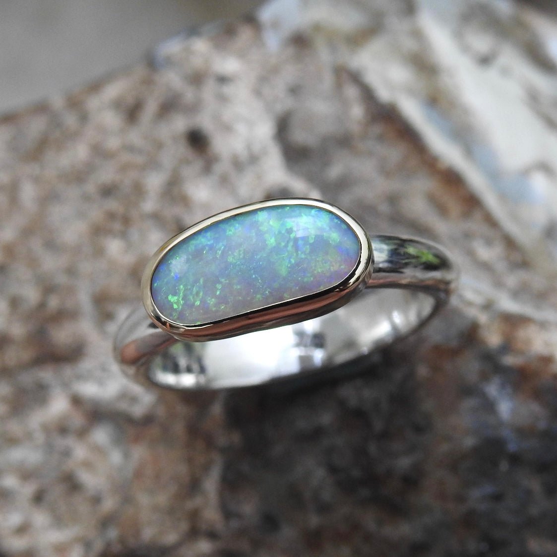 Shellharbour Tide - 1.2ct Solid Lightning Ridge Opal Two - Tone 9ct Gold & 925 Sterling Silver Ring