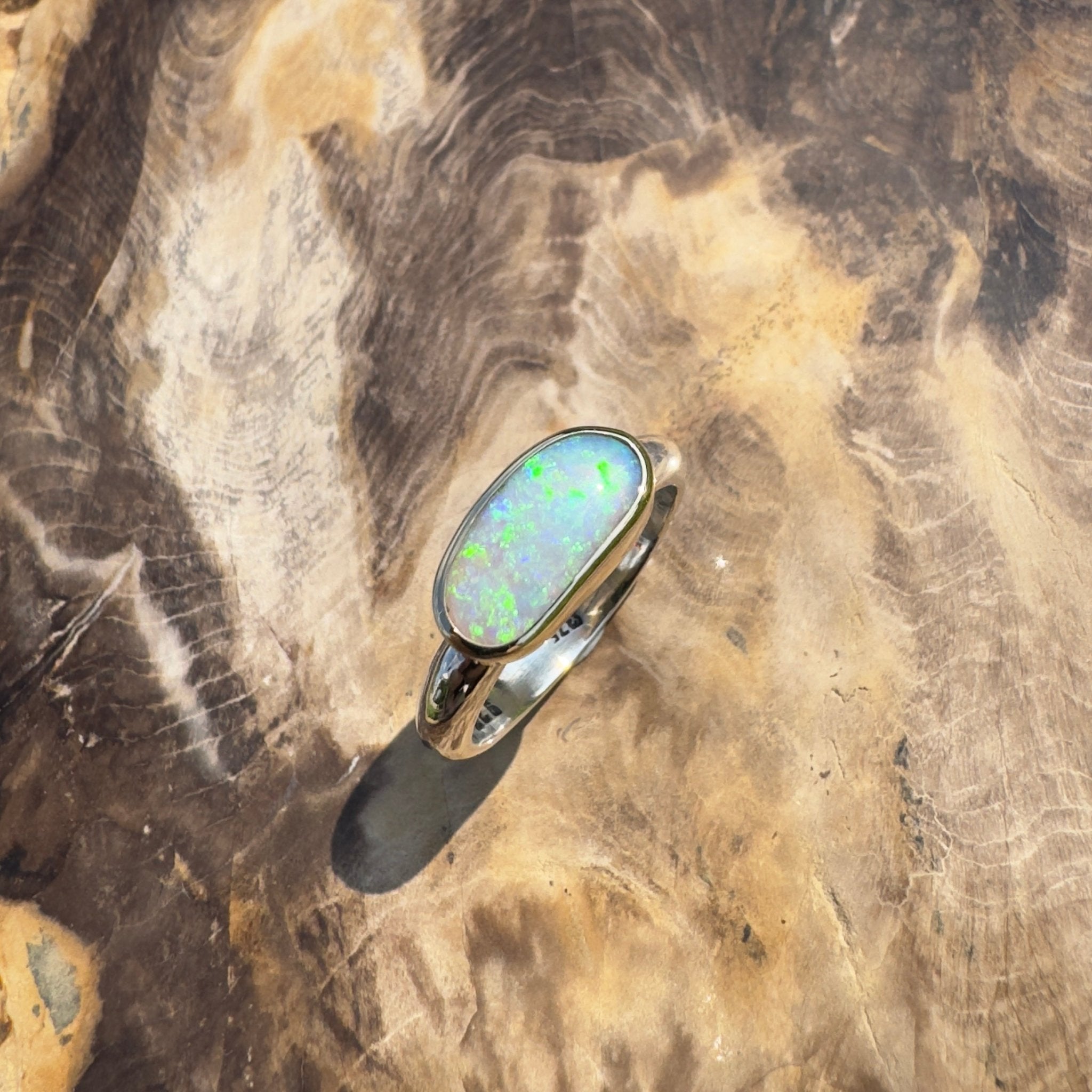 Shellharbour Tide - 1.2ct Solid Lightning Ridge Opal Two - Tone 9ct Gold & 925 Sterling Silver Ring