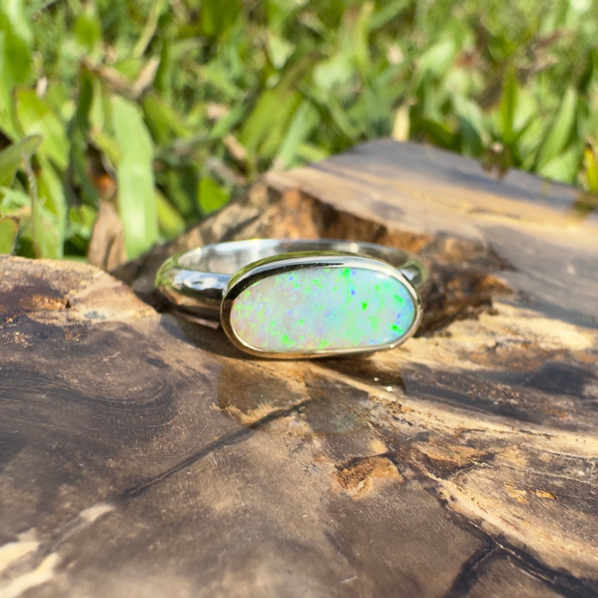 Shellharbour Tide - 1.2ct Solid Lightning Ridge Opal Two - Tone 9ct Gold & 925 Sterling Silver Ring