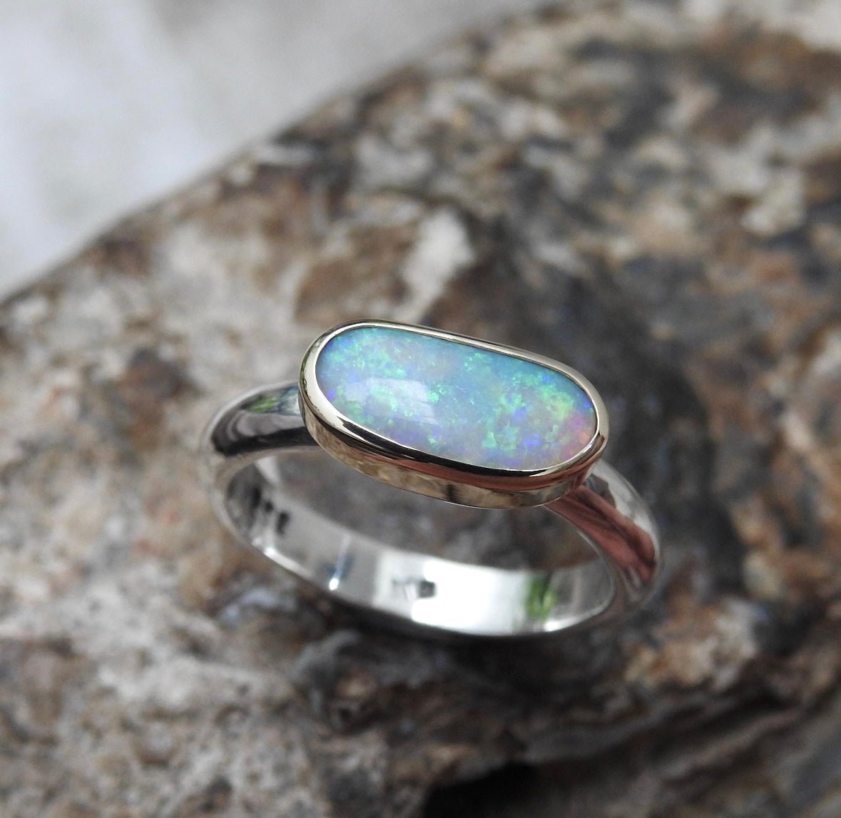 Shellharbour Tide - 1.2ct Solid Lightning Ridge Opal Two - Tone 9ct Gold & 925 Sterling Silver Ring