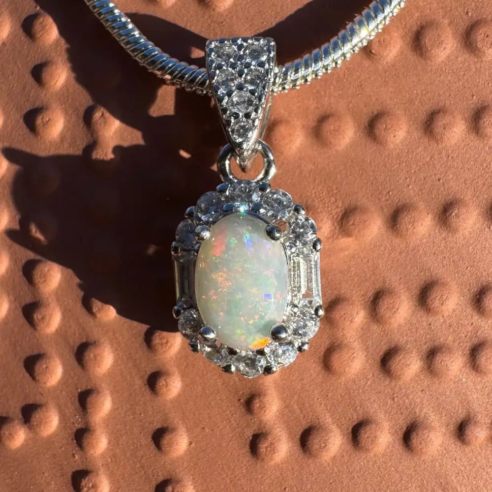 ‘Shimmering Reds' ~ Handcrafted 0.6ct Solid Coober Pedy Opal and Cubic Zirconia 925 Sterling Silver Pendant