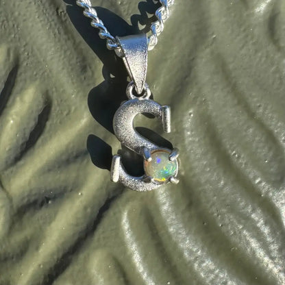 Silver S pendant with a 0.2ct Lightning Ridge Opal in sterling silver for elegant jewelry