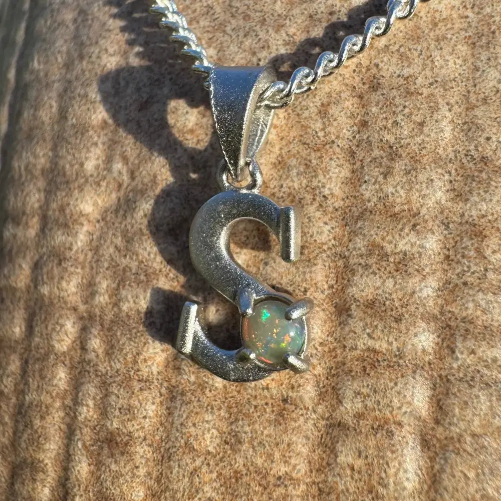 Silver S pendant with a 0.2ct Lightning Ridge Opal in a handcrafted sterling silver setting