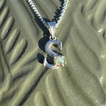 Silver S pendant with 0.2ct Lightning Ridge Opal in handcrafted Sterling Silver for elegance