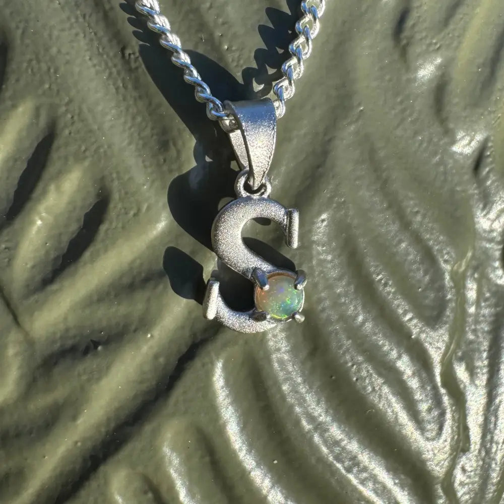 Silver S pendant with 0.2ct Lightning Ridge Opal in handcrafted sterling silver design