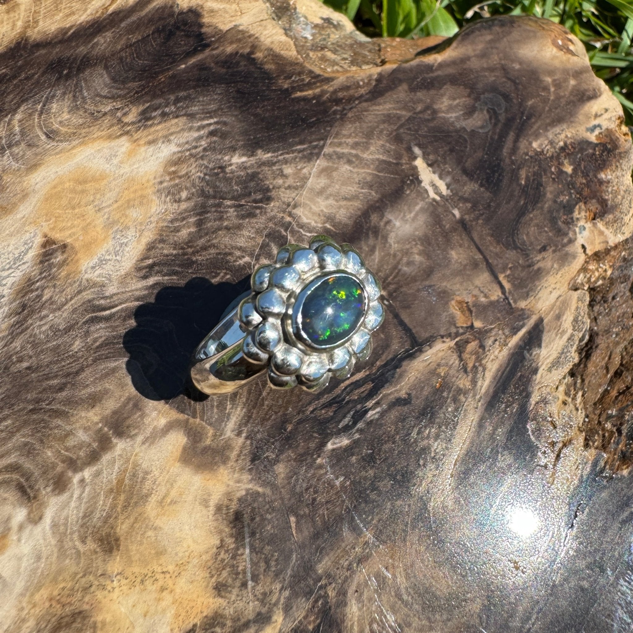 Silver Ember ~ Lightning Ridge 0.7ct Solid Black Opal Ring – Bold Sterling Bloom