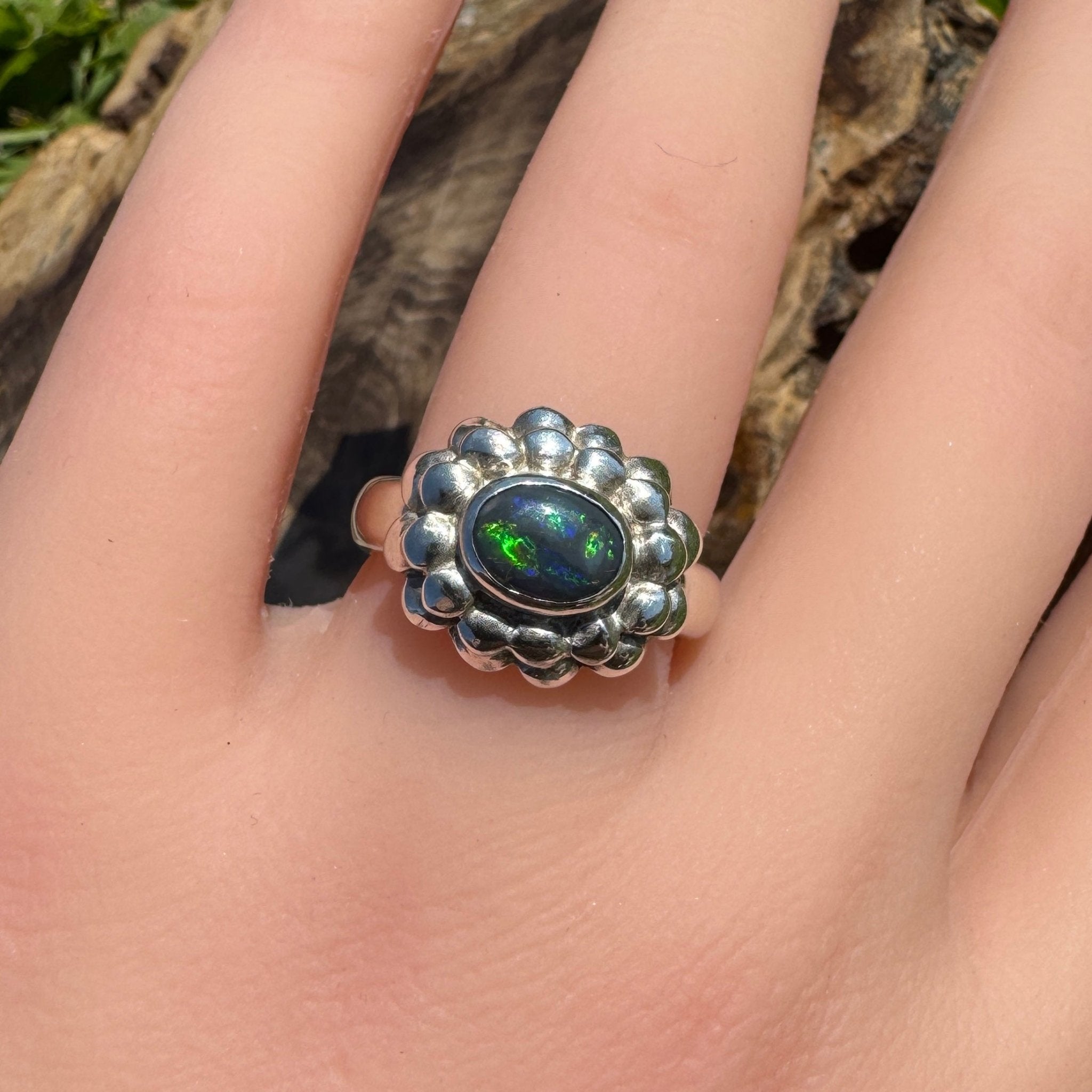 Silver Ember ~ Lightning Ridge 0.7ct Solid Black Opal Ring – Bold Sterling Bloom