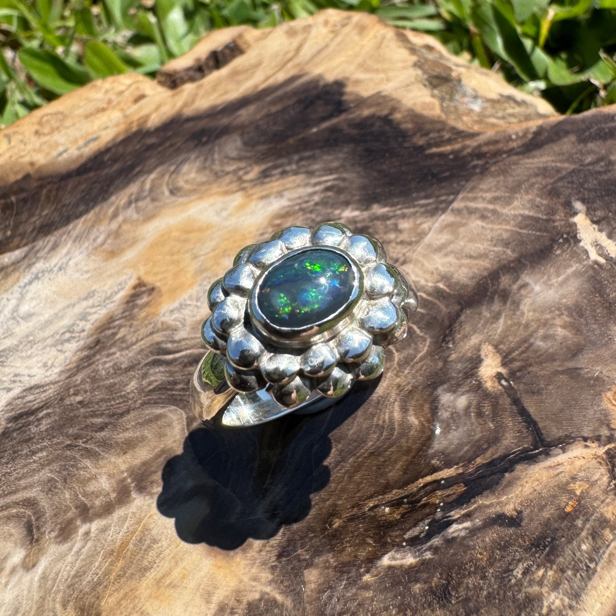 Silver Ember ~ Lightning Ridge 0.7ct Solid Black Opal Ring – Bold Sterling Bloom