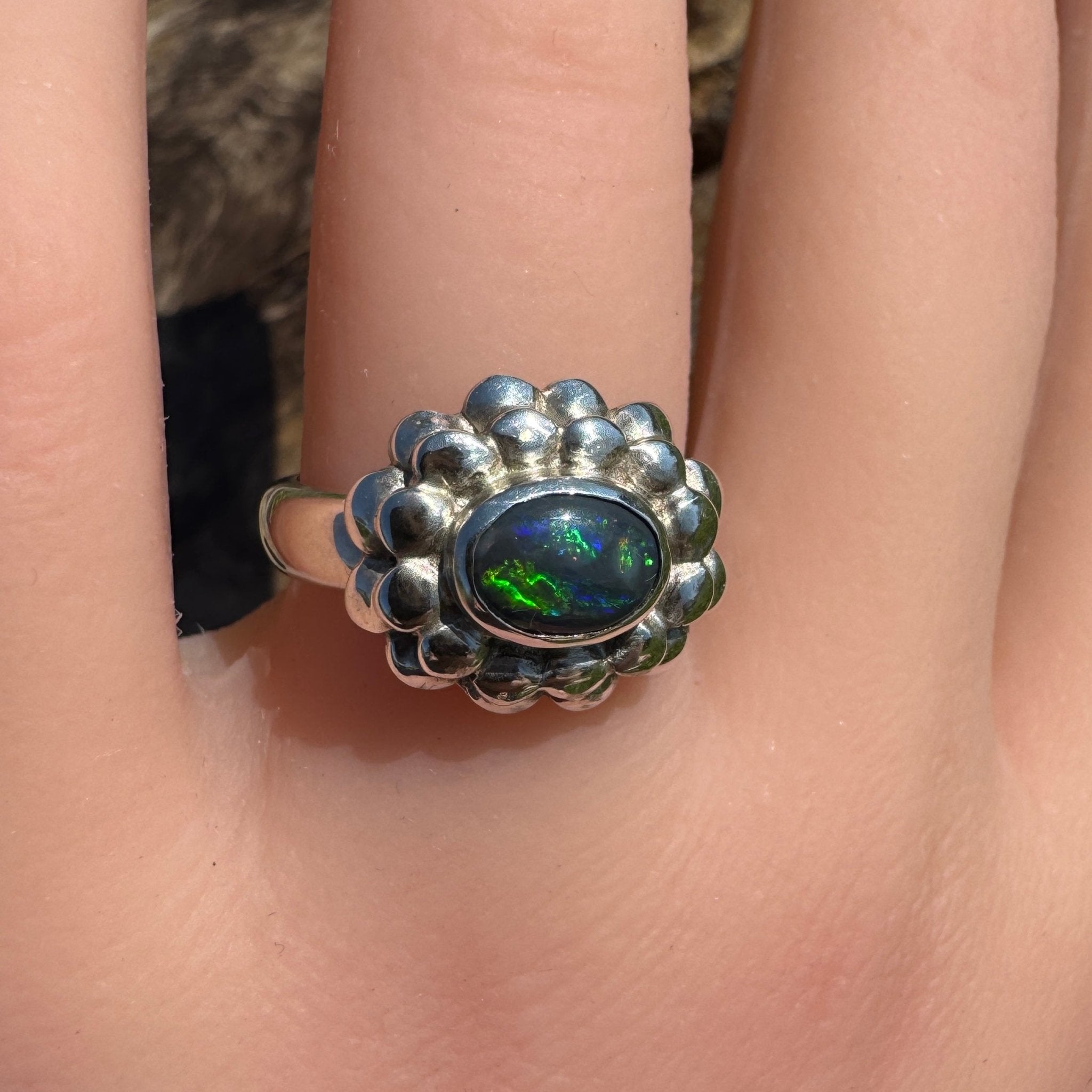 Silver Ember ~ Lightning Ridge 0.7ct Solid Black Opal Ring – Bold Sterling Bloom