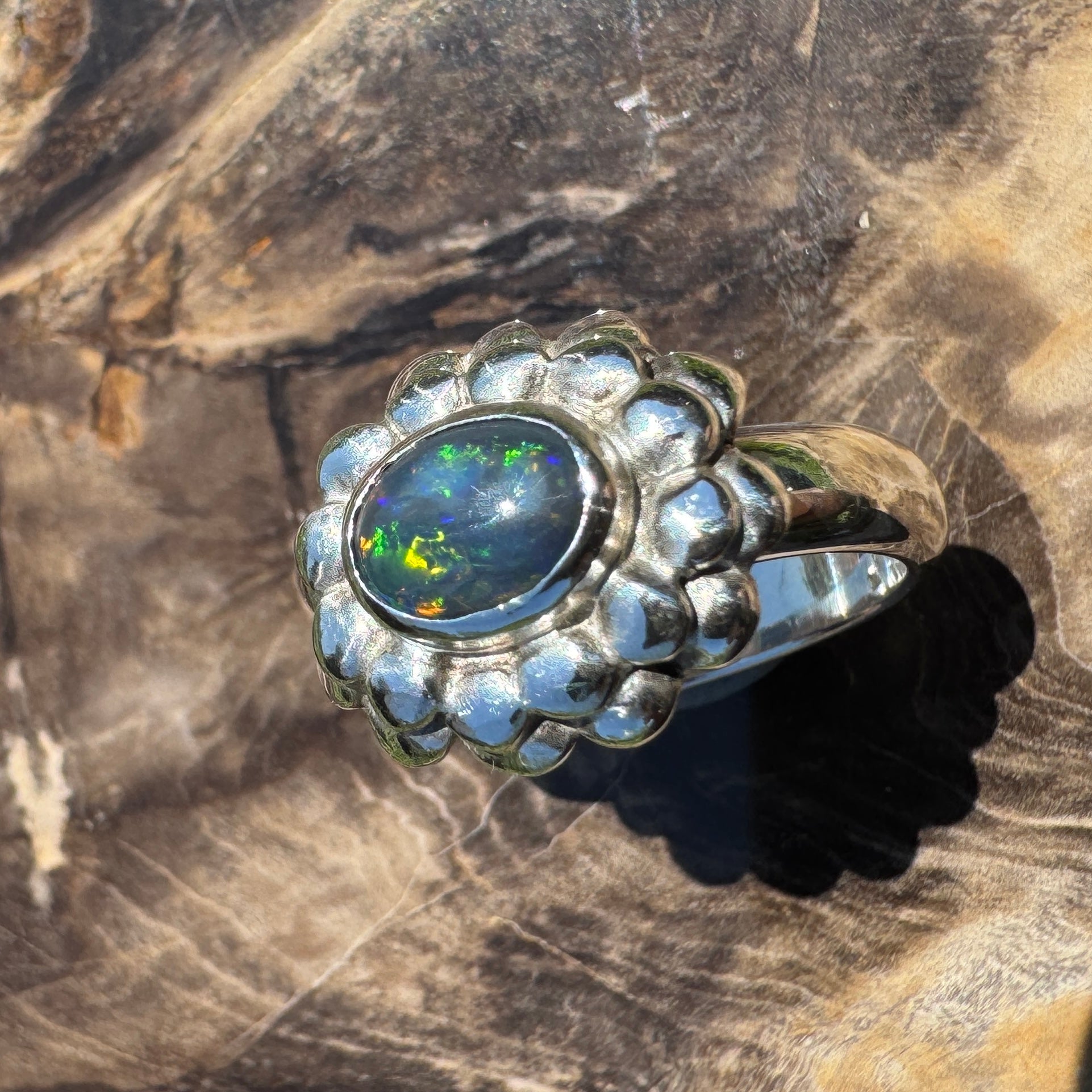 Silver Ember ~ Lightning Ridge 0.7ct Solid Black Opal Ring – Bold Sterling Bloom
