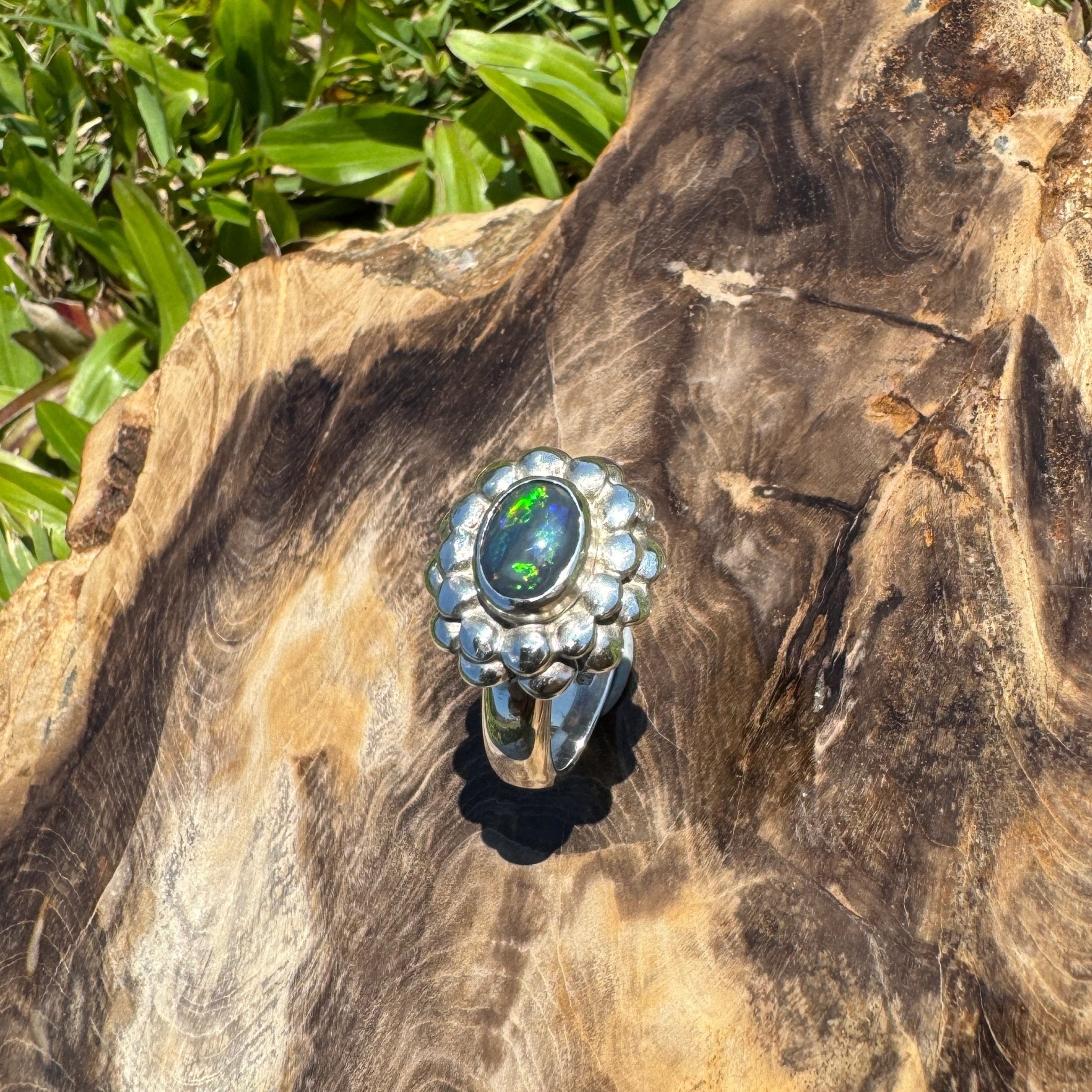 Silver Ember ~ Lightning Ridge 0.7ct Solid Black Opal Ring – Bold Sterling Bloom