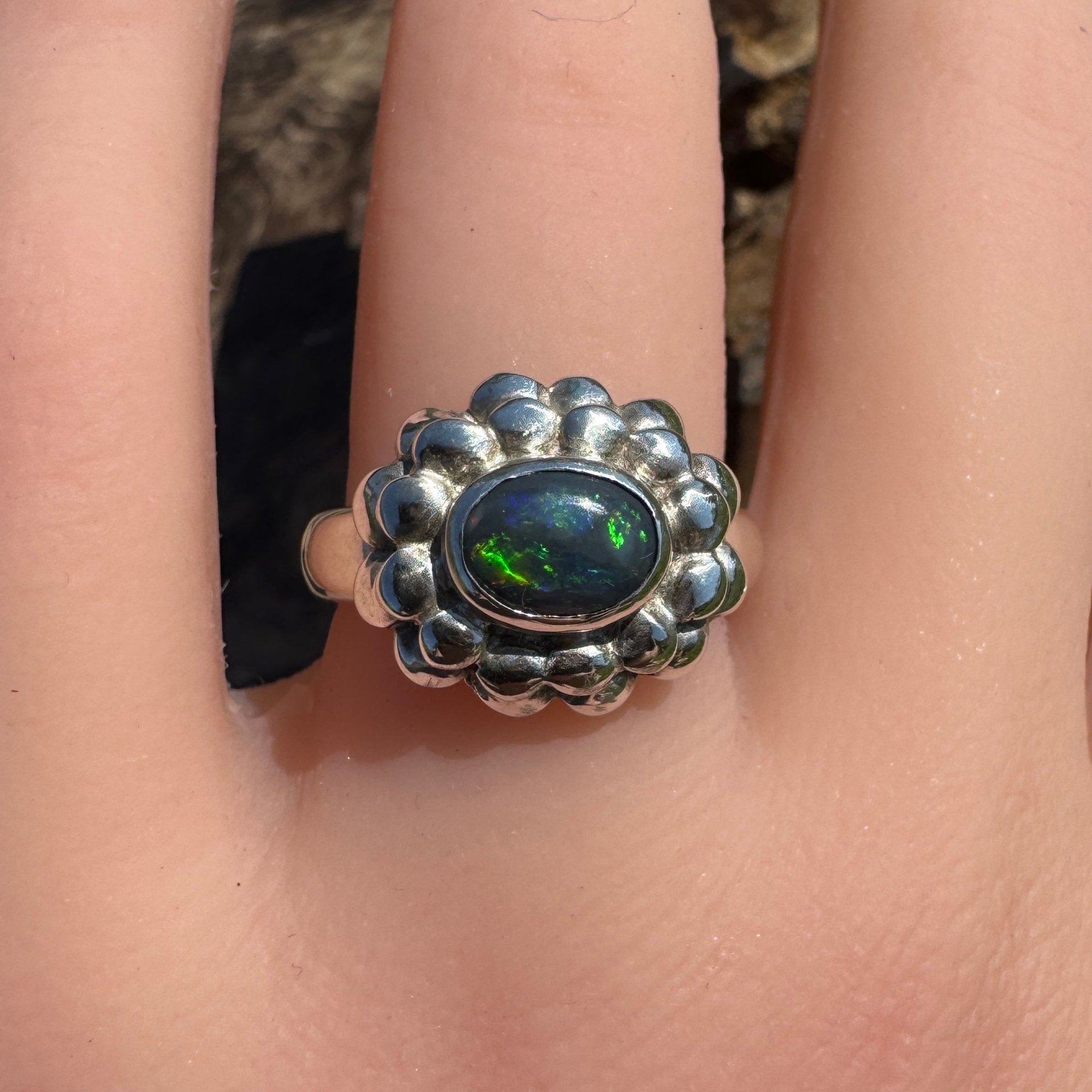 Silver Ember ~ Lightning Ridge 0.7ct Solid Black Opal Ring – Bold Sterling Bloom