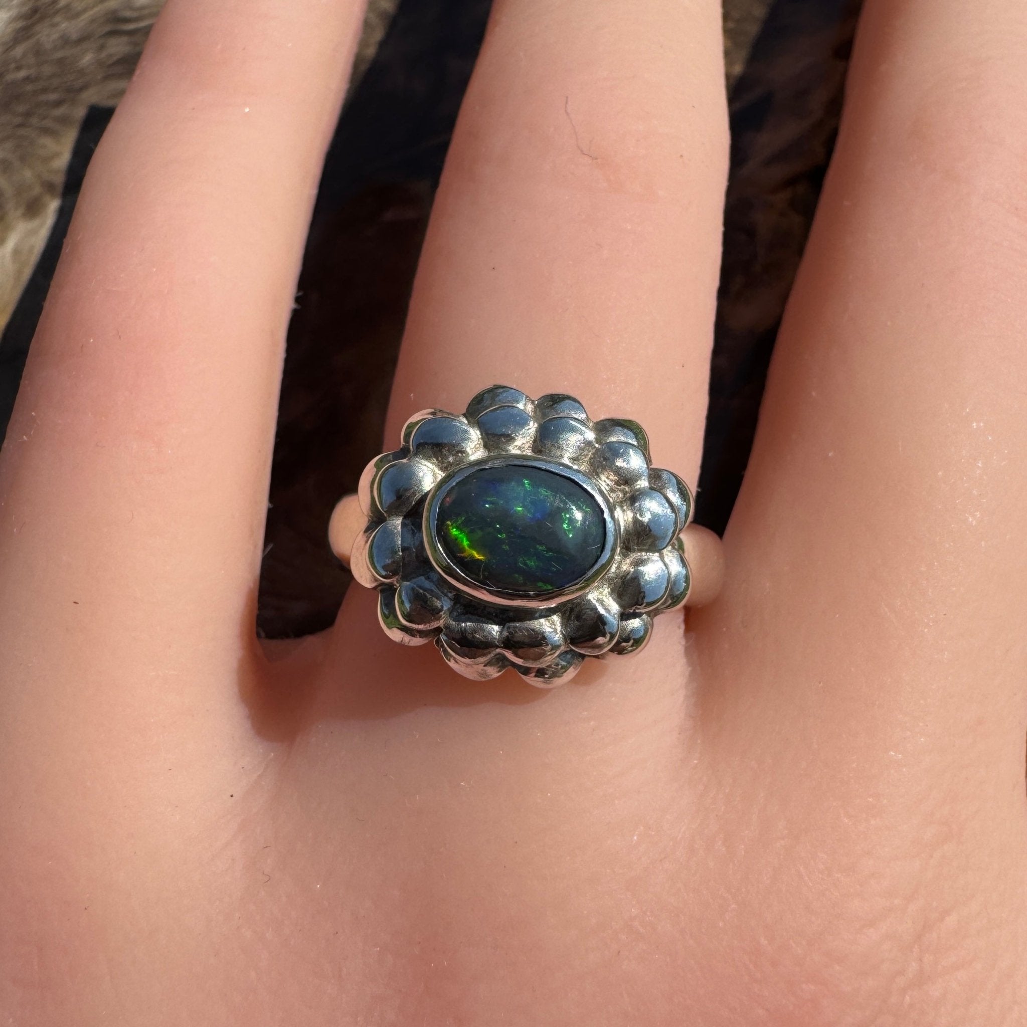Silver Ember ~ Lightning Ridge 0.7ct Solid Black Opal Ring – Bold Sterling Bloom