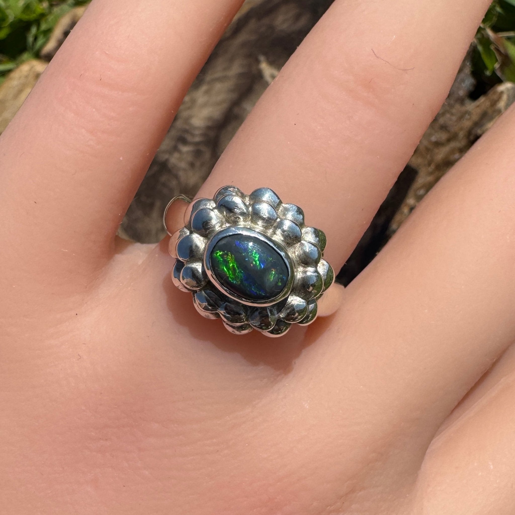 Silver Ember ~ Lightning Ridge 0.7ct Solid Black Opal Ring – Bold Sterling Bloom