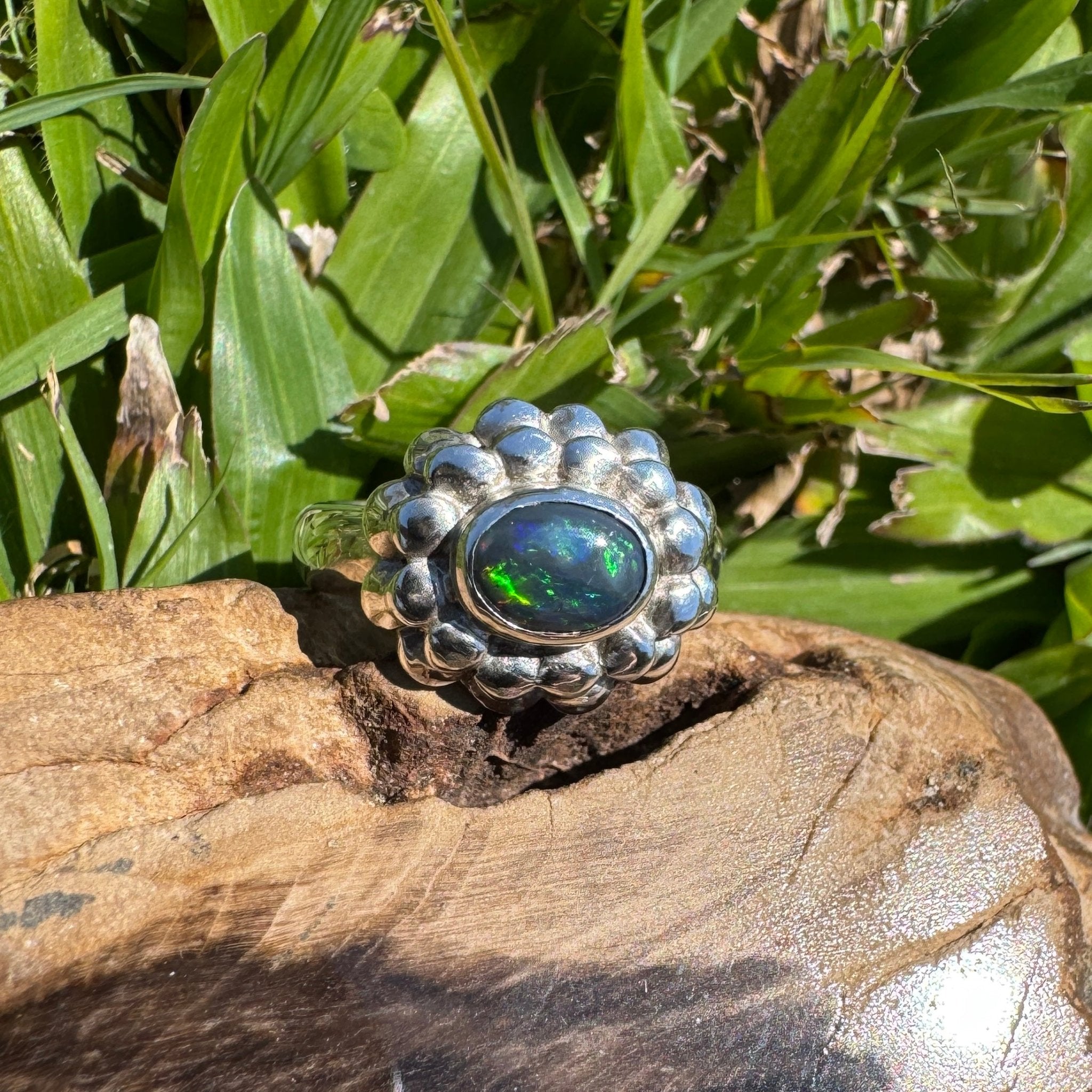 Silver Ember ~ Lightning Ridge 0.7ct Solid Black Opal Ring – Bold Sterling Bloom