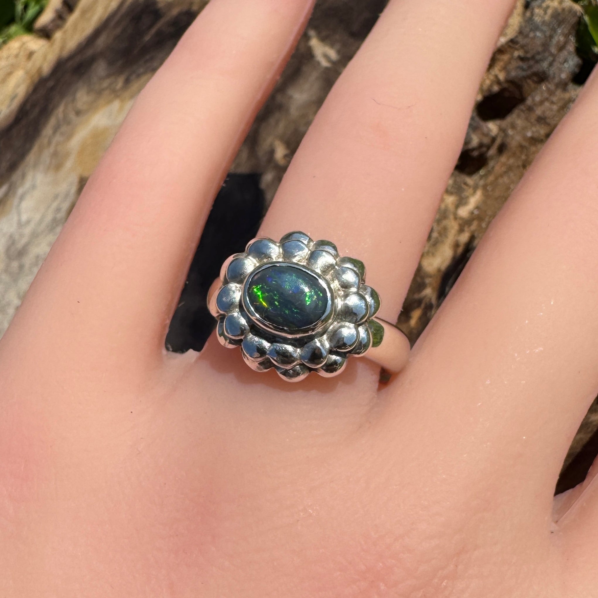 Silver Ember ~ Lightning Ridge 0.7ct Solid Black Opal Ring – Bold Sterling Bloom