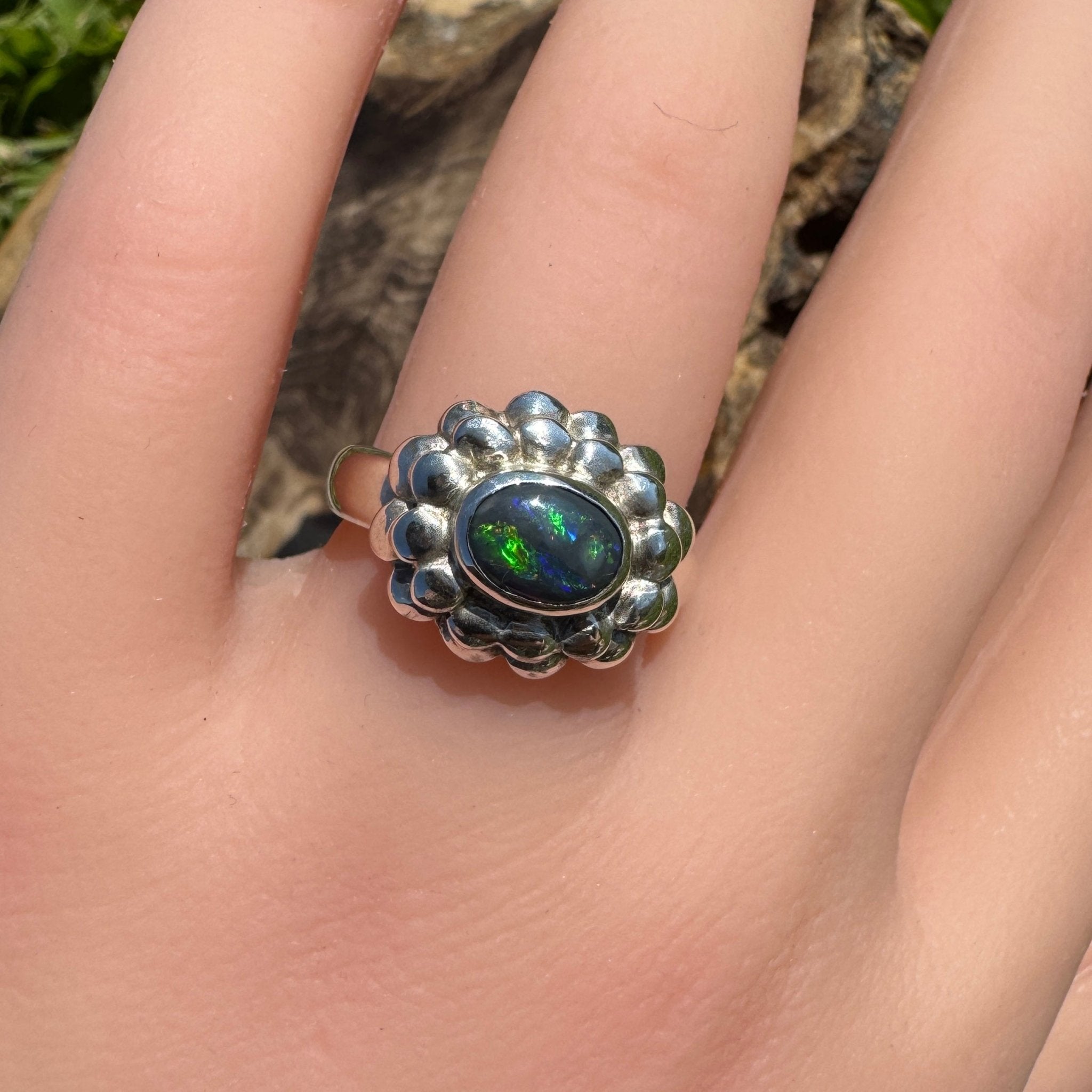 Silver Ember ~ Lightning Ridge 0.7ct Solid Black Opal Ring – Bold Sterling Bloom