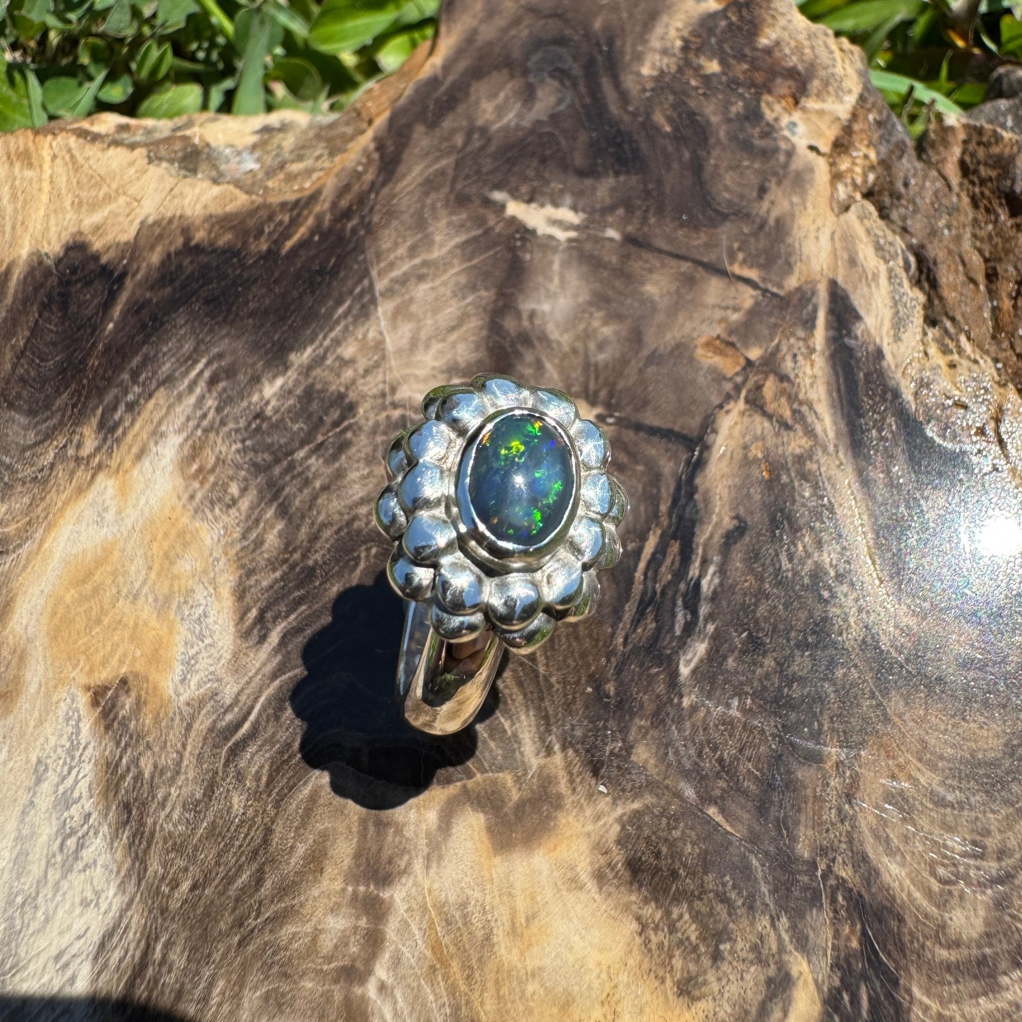 Silver Ember ~ Lightning Ridge 0.7ct Solid Black Opal Ring – Bold Sterling Bloom